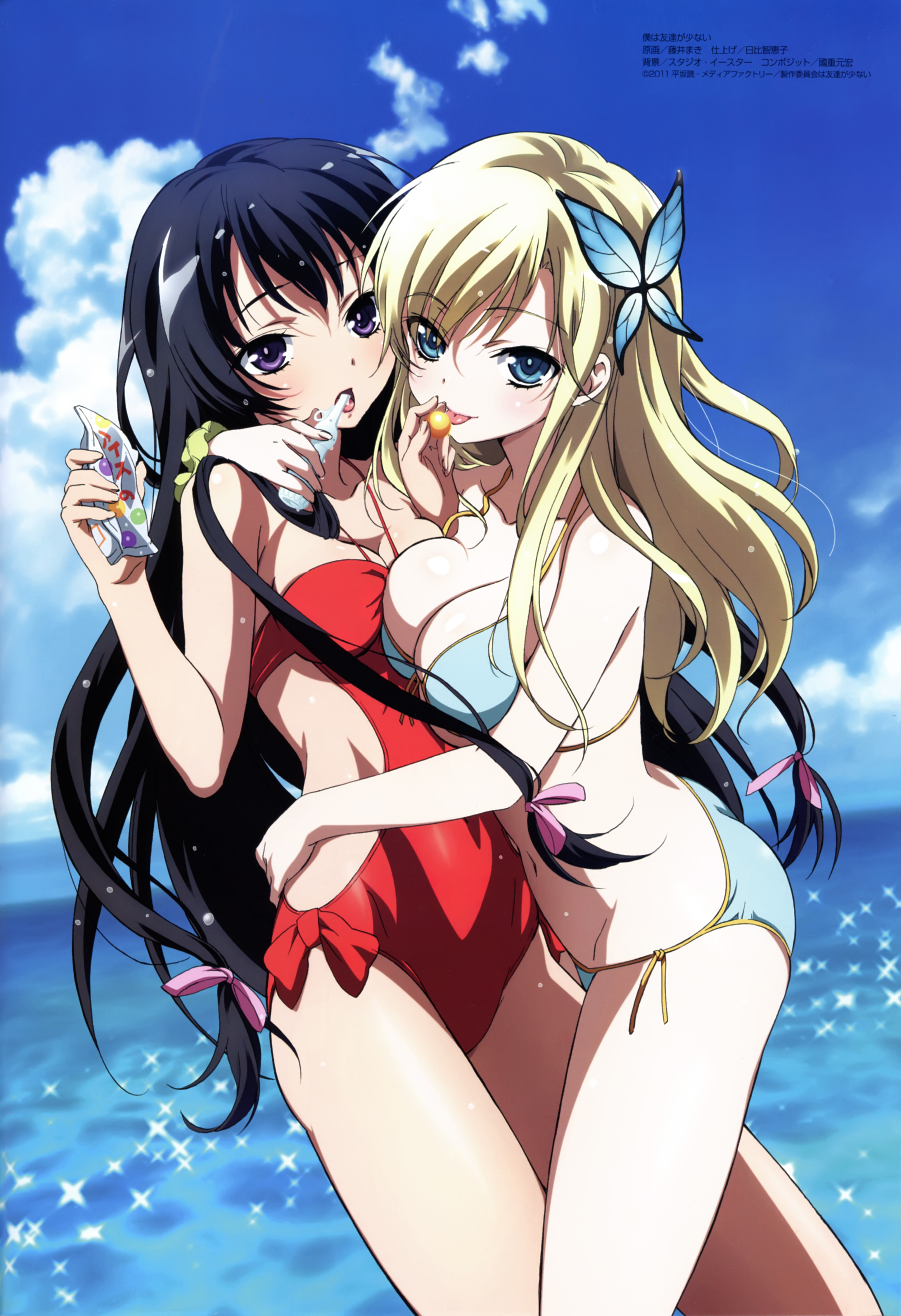 Anime 4369x6382 anime anime girls yuri hugging one-piece swimsuit bikini cleavage long hair dark hair blonde Boku wa Tomodachi ga Sukunai Kashiwazaki Sena Mikazuki Yozora