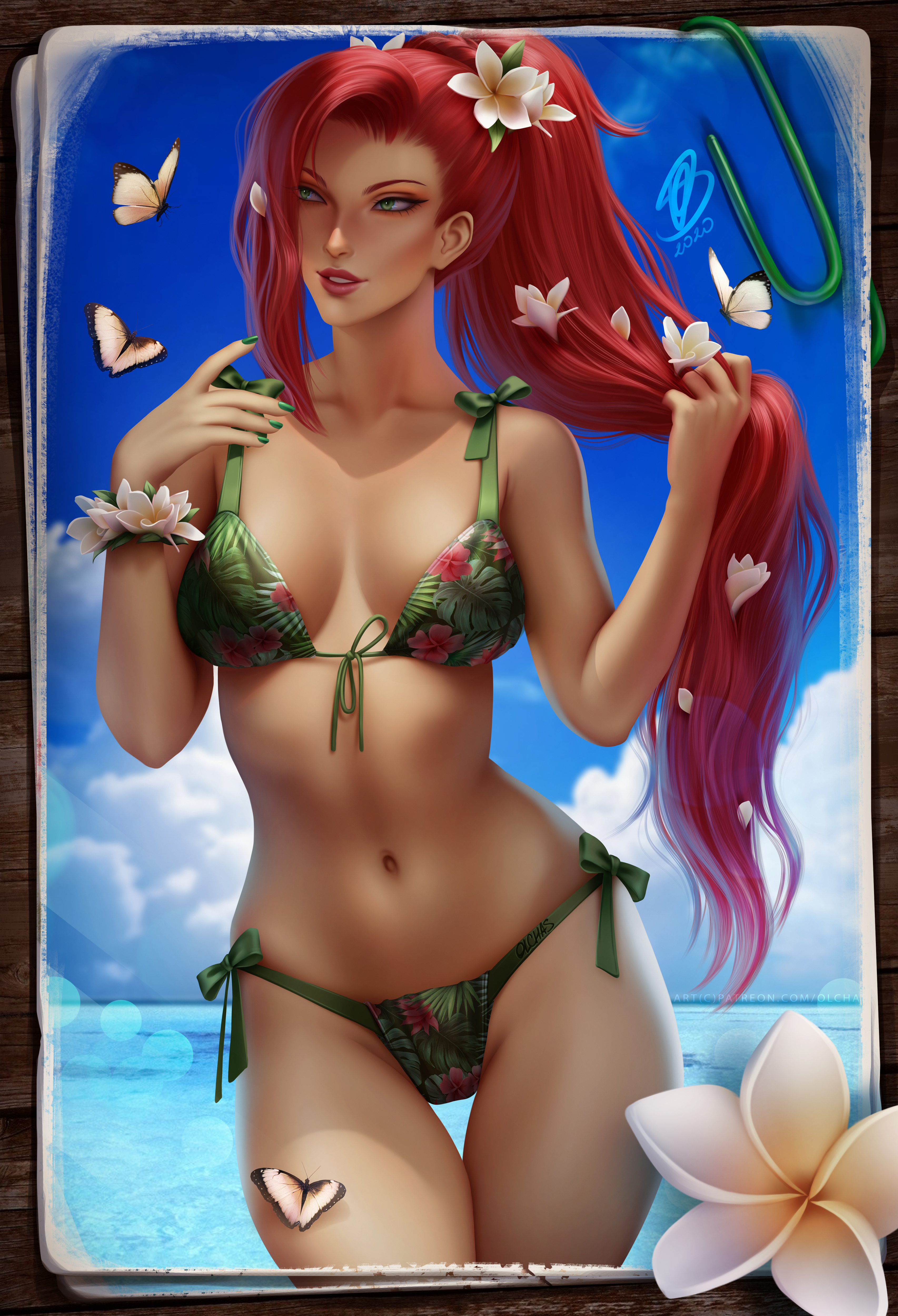 General 3411x5000 illustration artwork digital art fan art drawing fantasy art fantasy girl women OlchaS portrait display redhead long hair Poison Ivy DC Comics butterfly