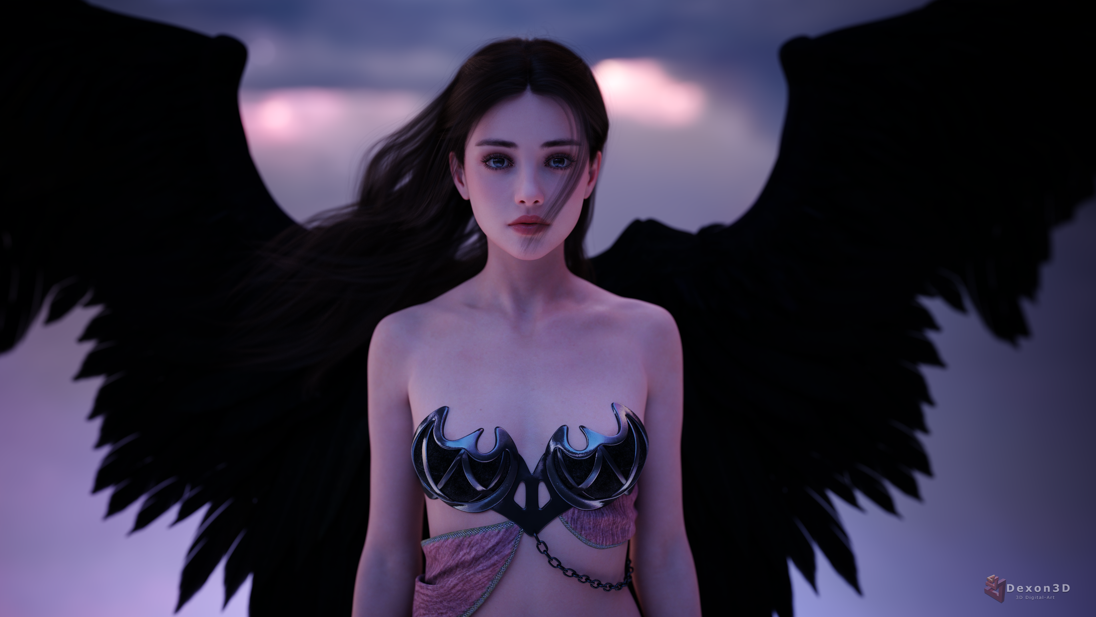 General 3840x2160 Dexon3D CGI women dark hair wind bra angel wings looking at viewer dark eyes sky