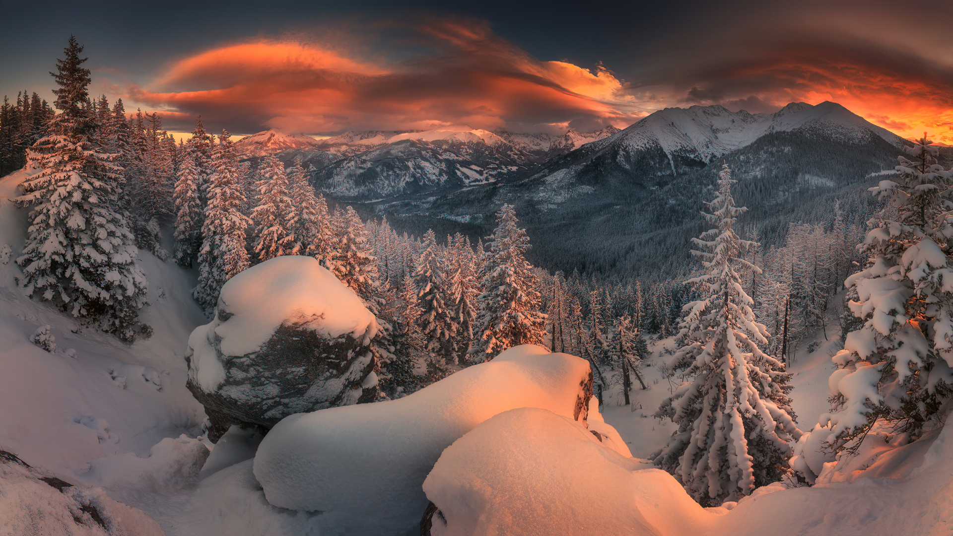 General 1920x1080 winter landscape snow trees forest mountains sunset sky clouds warm light photography nature outdoors Tomasz Rojek