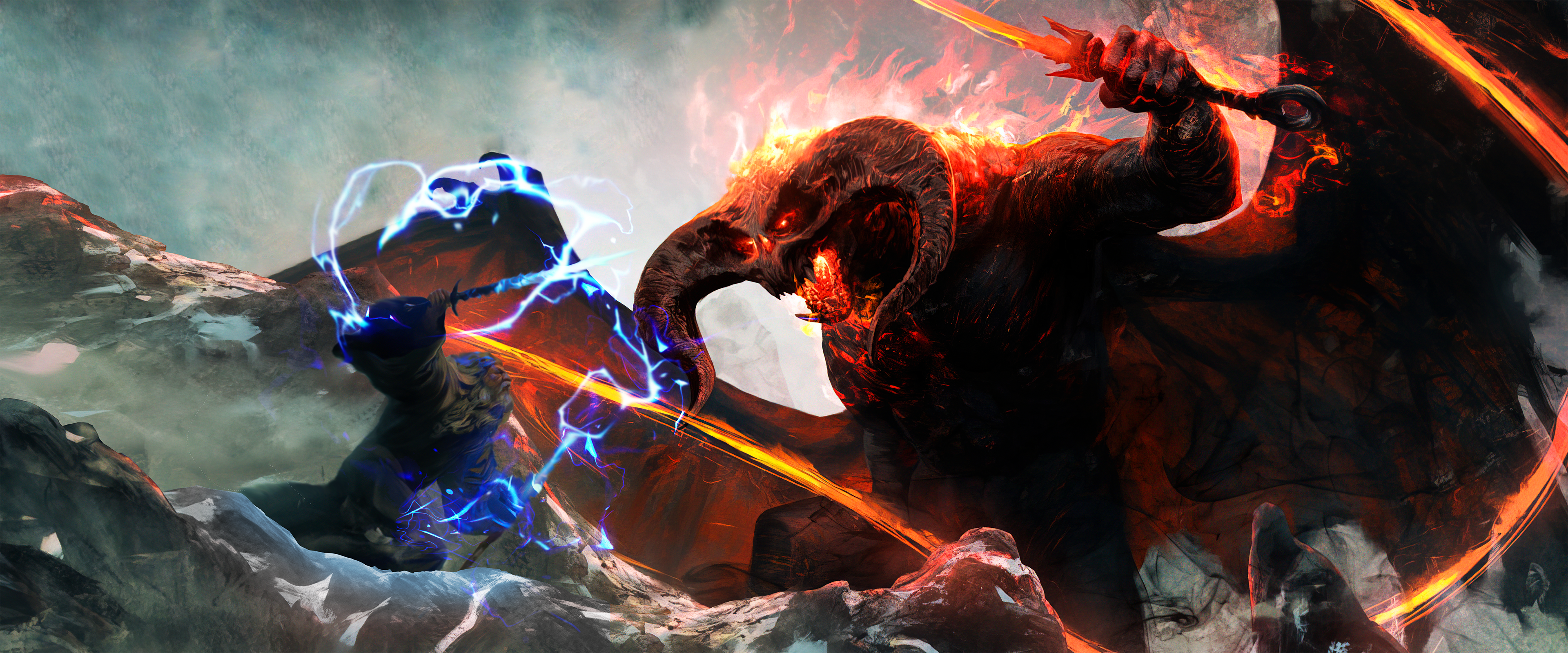 General 3840x1600 Gandalf Balrog The Lord of the Rings digital art Middle-Earth