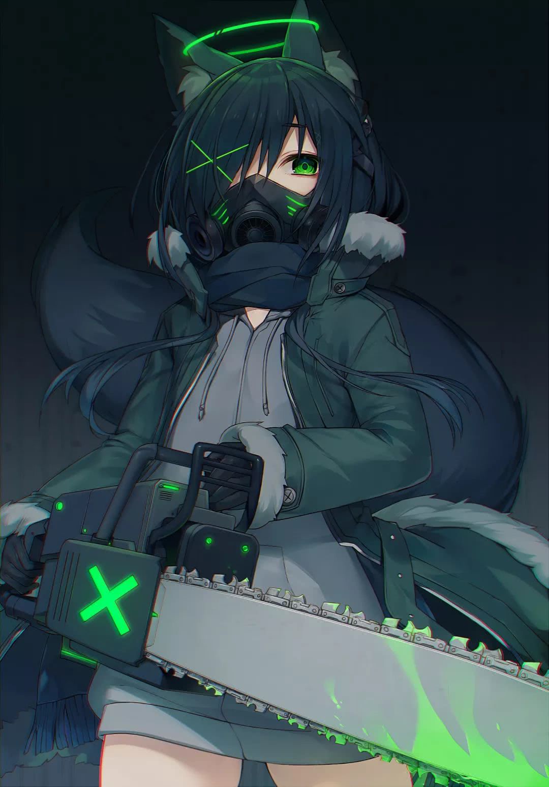 Anime 1080x1547 Muryotaro anime anime girls portrait display gas masks green eyes chainsaws animal ears tail dark hair
