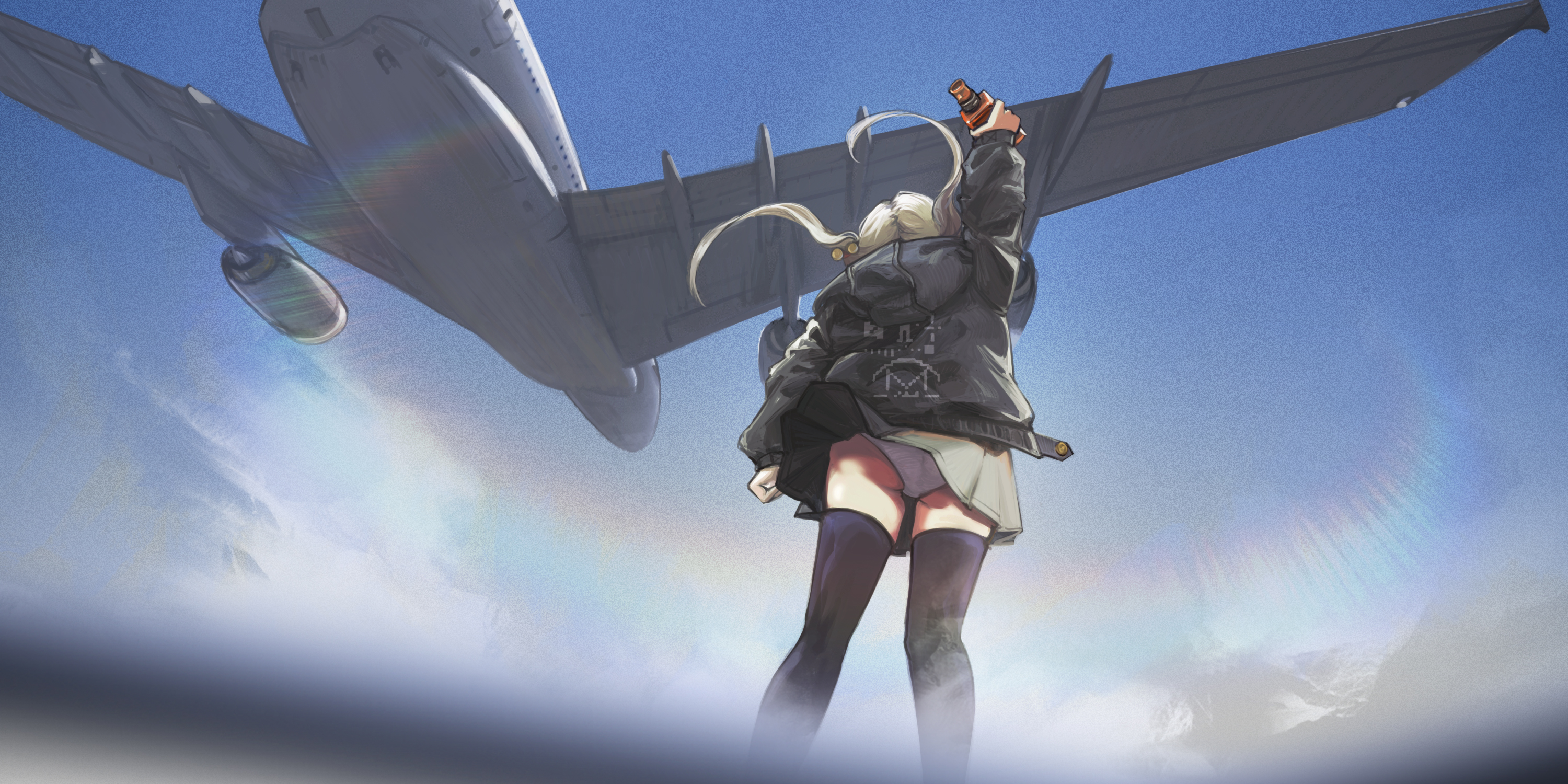 Anime 3000x1500 AegisFate anime anime girls panties Airbus skirt thigh-highs upskirt vehicle bottles stockings black stockings aircraft Pixiv pantsu shot
