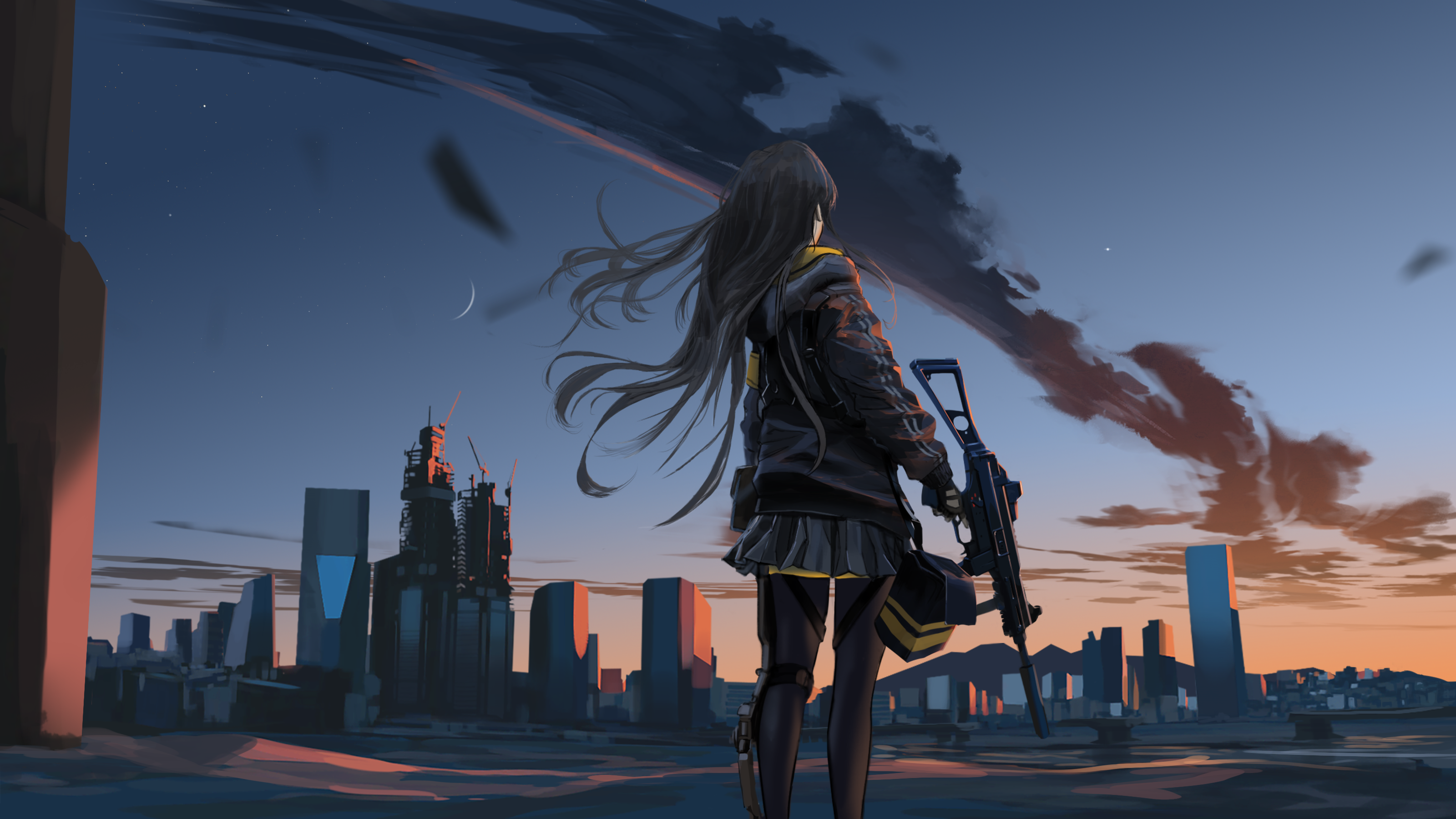 Anime 3200x1800 beett digital art sky illustration city sunset cityscape Girls Frontline UMP45 (Girls Frontline)