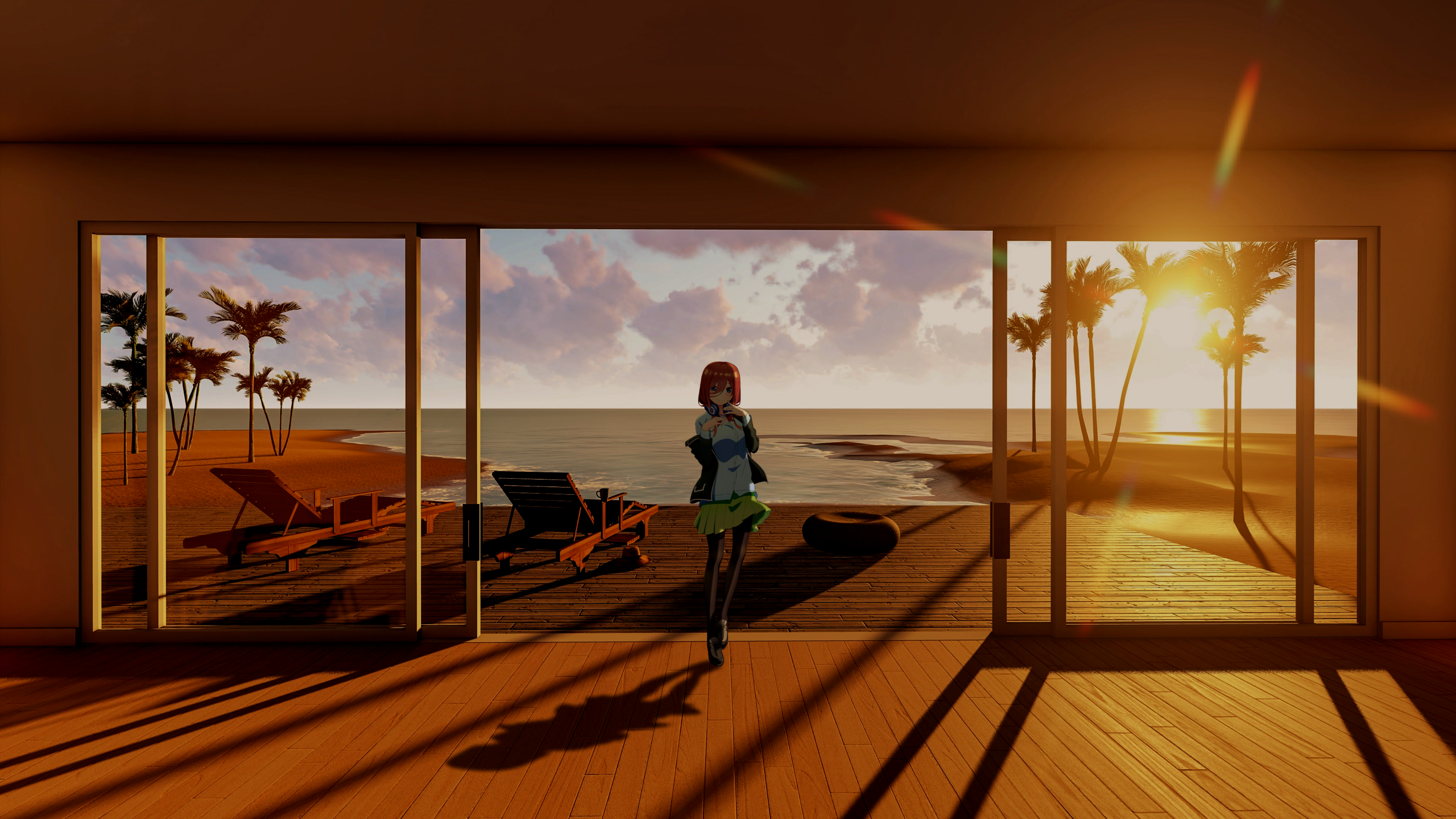 Anime 4250x2391 digital art picture-in-picture Nakano Miku 5-toubun no Hanayome anime girls beach palm trees sunset