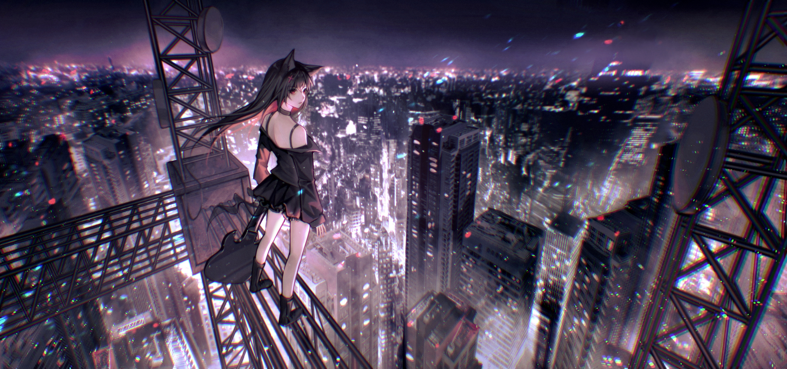 Anime 2554x1199 anime anime girls city city lights skirt black hair boots night barrette long hair