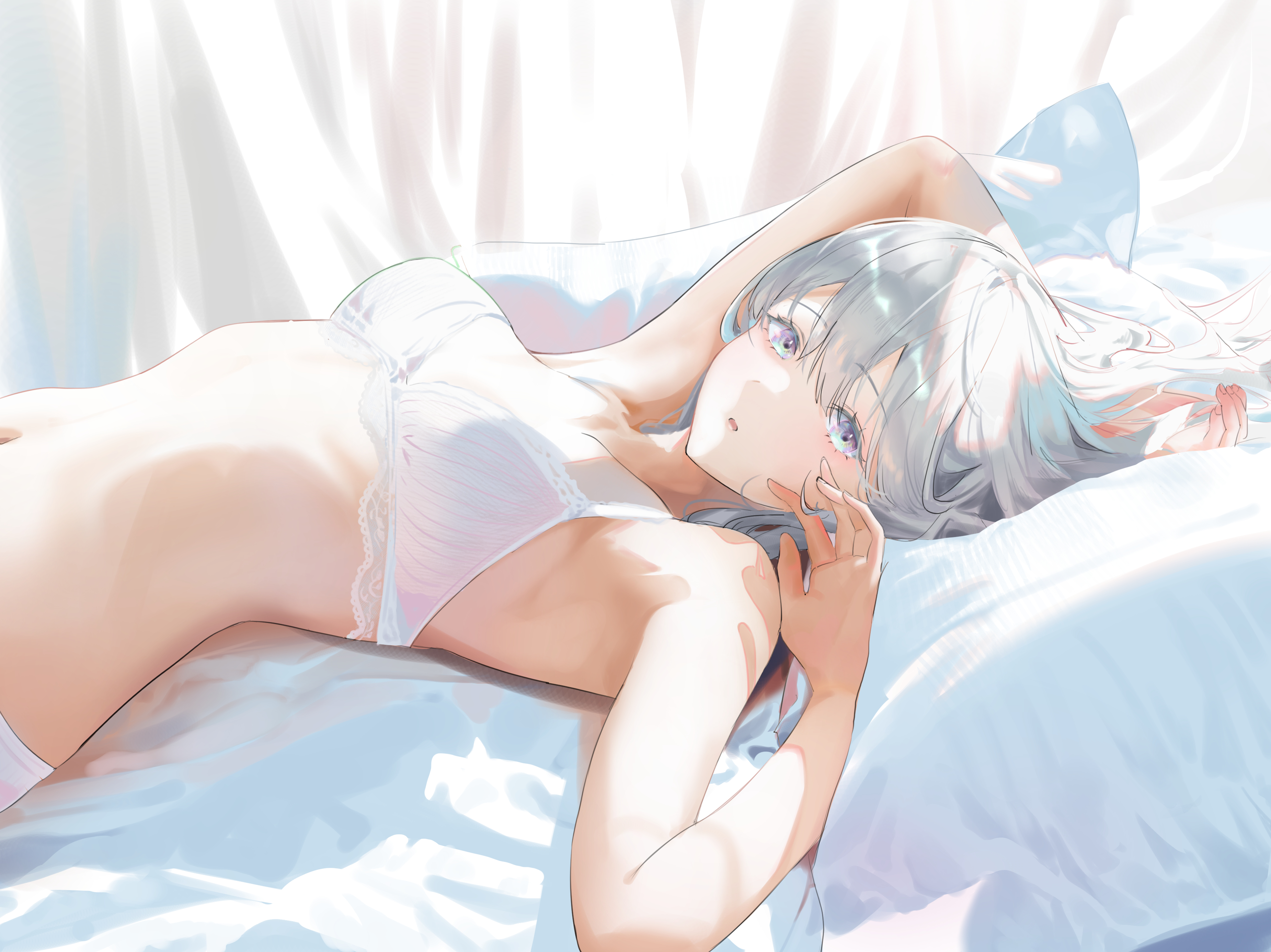 Anime 3702x2773 anime anime girls underwear bra lying on back in bed silver hair artwork Jenmin12