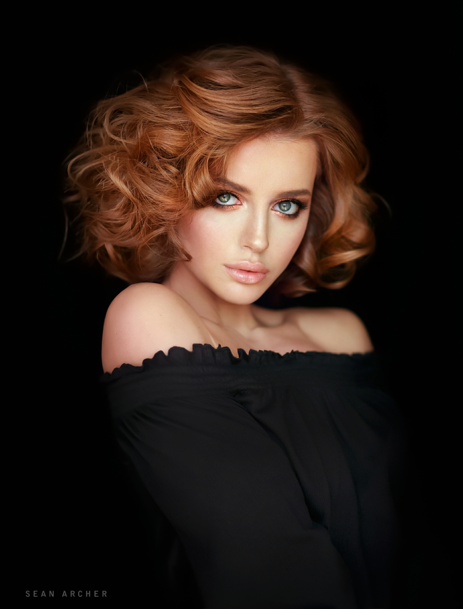 People 1556x2048 Sean Archer women redhead curly hair looking at viewer blue eyes makeup lip gloss bare shoulders simple background black background