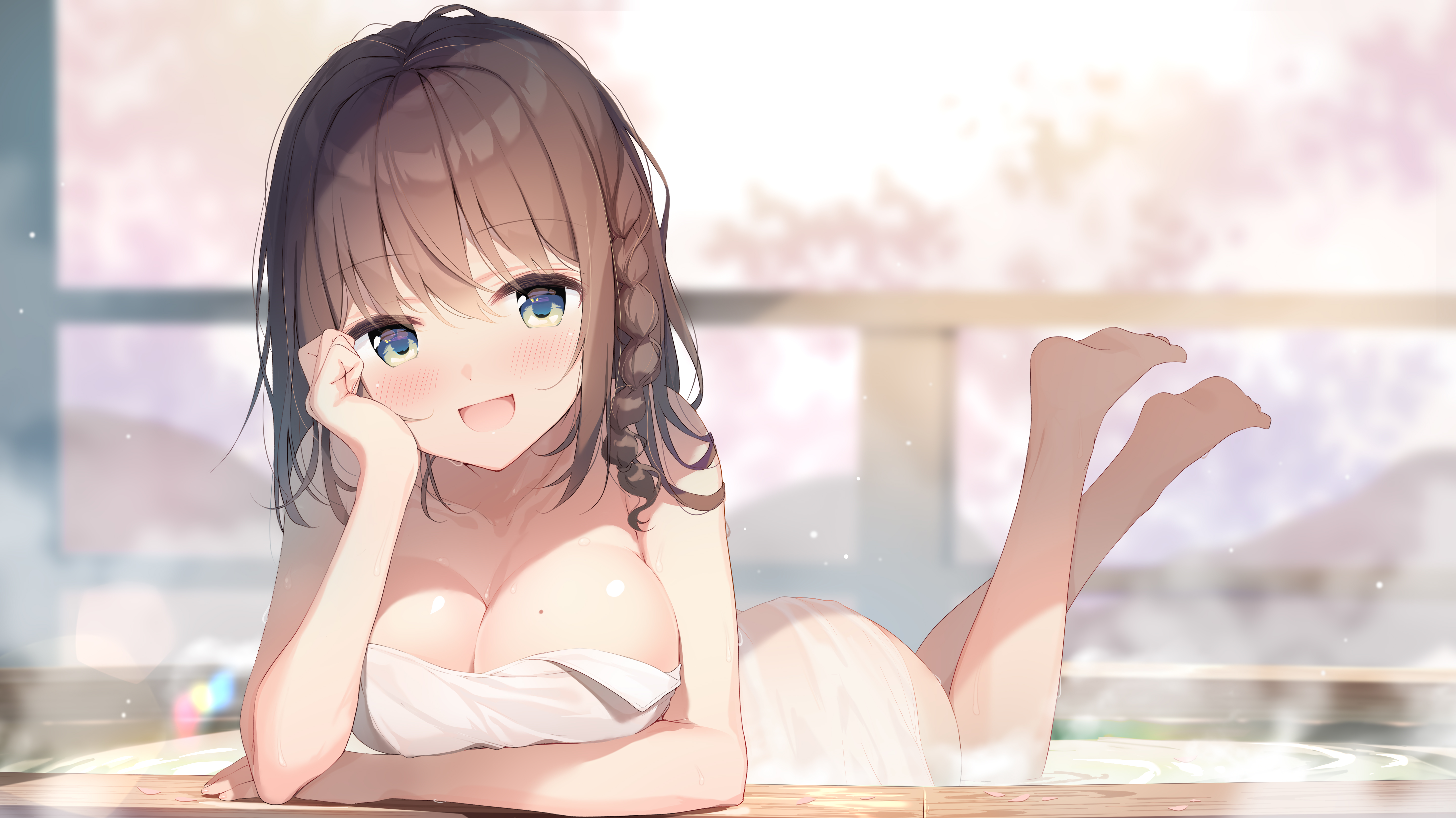 Anime 5760x3240 anime girls brunette legs blushing bathing cleavage big boobs towel artwork Nijihashi Sora