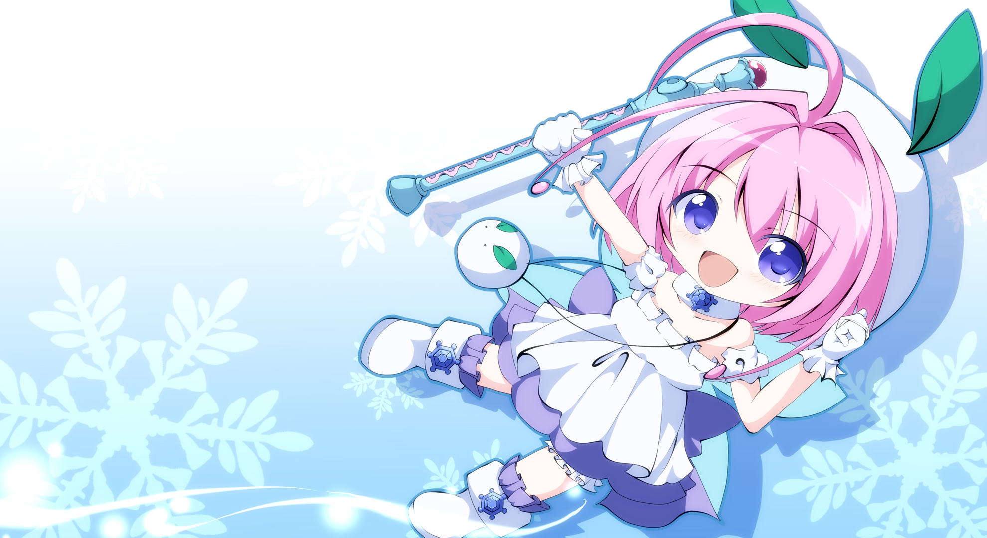 Anime 1980x1080 blue clothing gloves boots happy pink hair short hair purple eyes chibi looking at viewer snowflakes dress blue white leaves hoods anime girl with wings