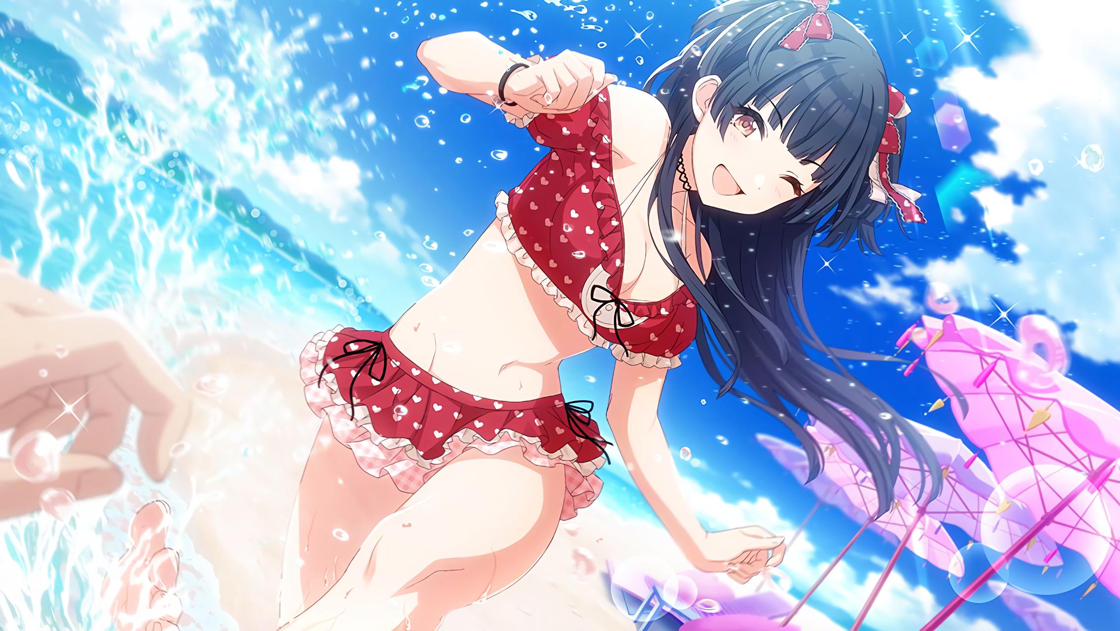 Anime 2272x1280 anime girls THE iDOLM@STER Fuyuko Mayuzumi Tomari swimwear thighs smiling cleavage beach bikini POV artwork