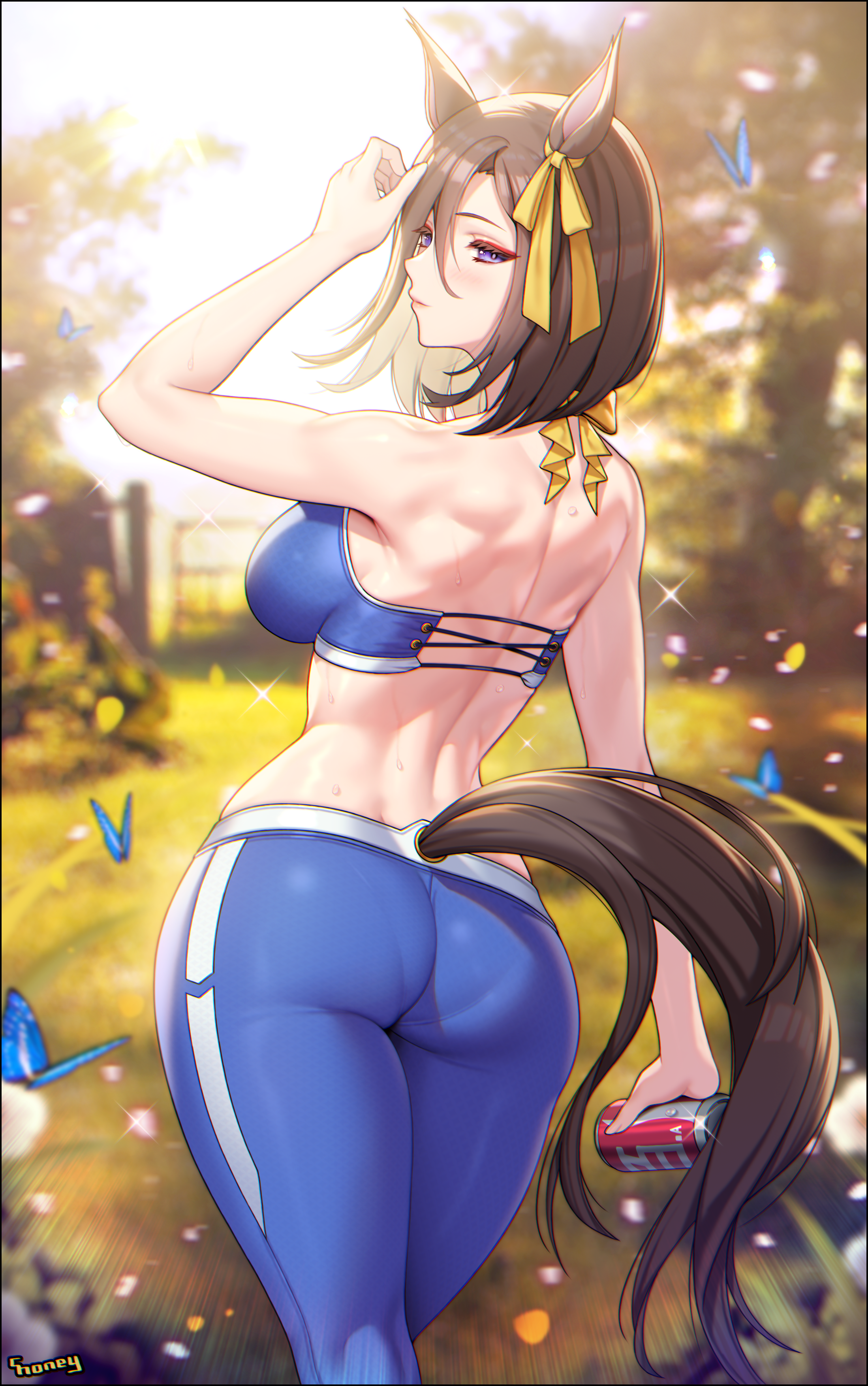 Anime 2198x3508 Uma Musume Pretty Derby sideboob big boobs bareback sports bra thighs sweaty body brunette blushing purple eyes rear view ecchi bare shoulders tight clothing skindentation bangs butterfly cleavage soda can yoga pants standing erotic art  Air Groove (Uma Musume) shoulder length hair blurry background 2D tail hair ribbon looking at viewer portrait display anime girls animal ears horse girls ass anime fan art alternate costume biceps athletic female artwork Choney smiling