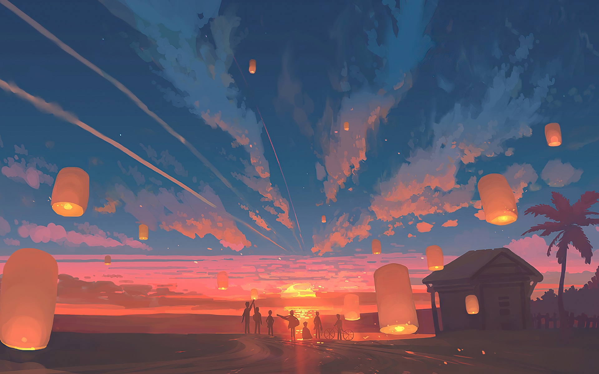 General 1920x1200 artwork sunset sky clouds lantern