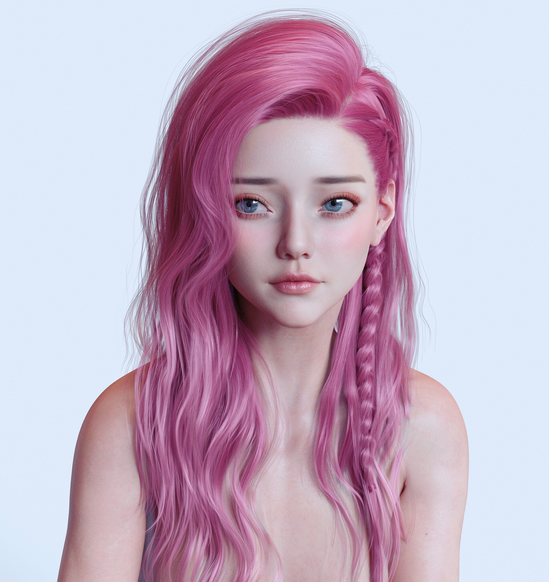 women, face, pink hair, long hair, CGI, digital art, portrait, white ...