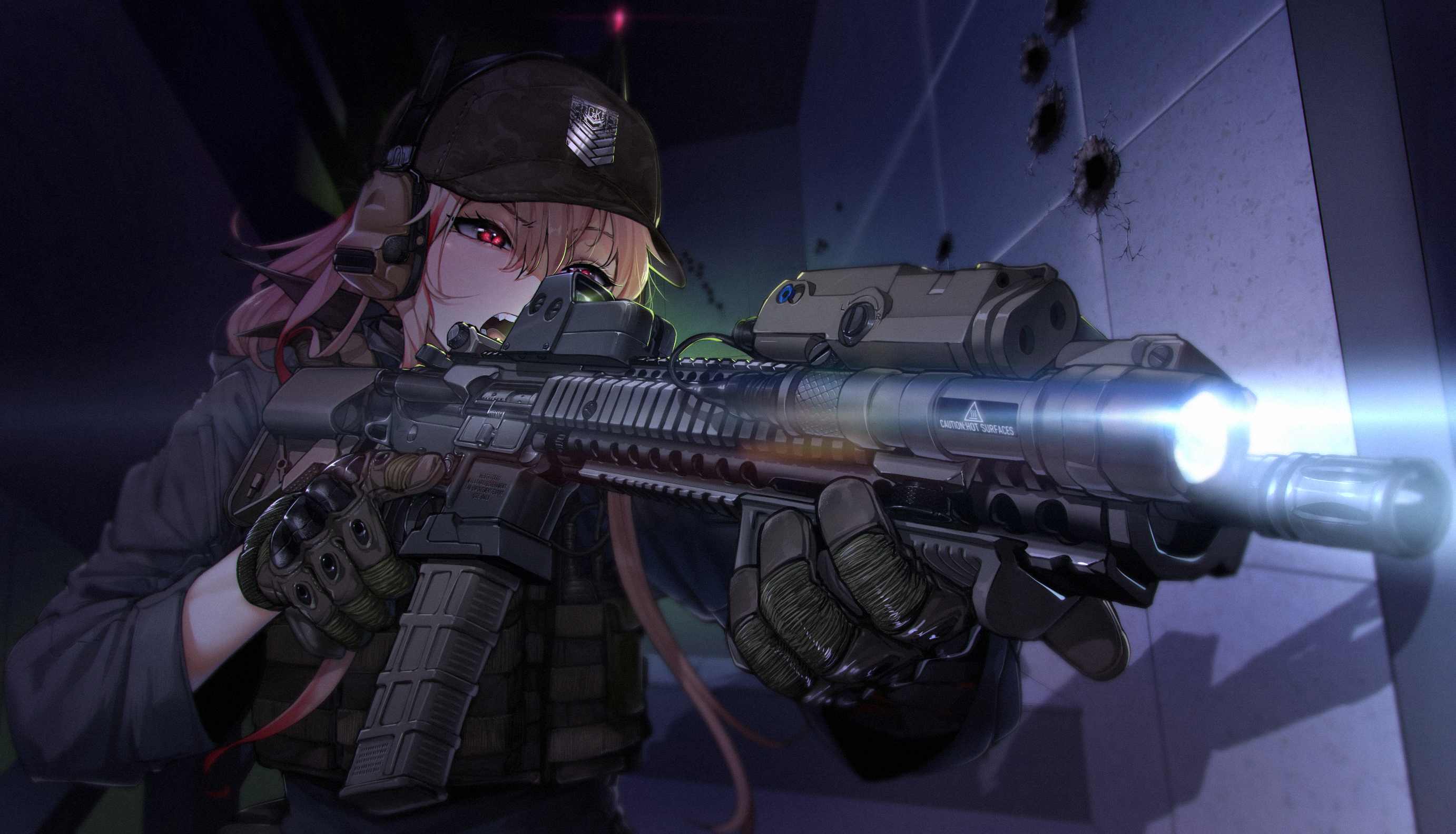 Anime 2764x1583 anime anime girls Girls Frontline black rifle gloves hat long hair M4 pink hair red eyes open mouth tactical headsets weapon flashlight M4 SOPMOD II (Girls Frontline) Sd Bigpie