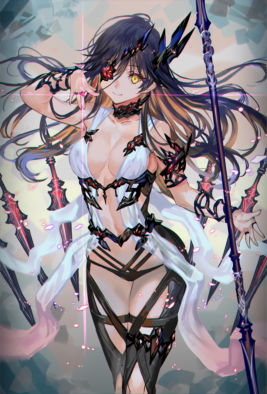 Anime 880x1300 anime anime girls simple background portrait display original characters spear eyepatches cleavage no bra Rannou