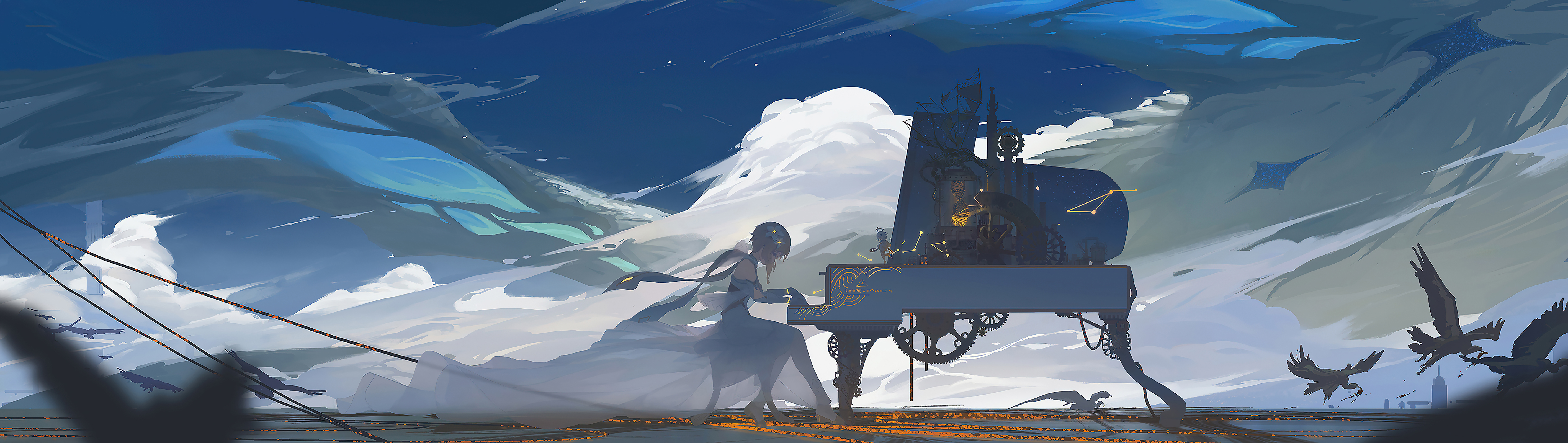 General 5663x1600 video games video game art digital art dress piano pianists clouds sky night birds architecture ultrawide anime girls void_0 Lumine (Genshin Impact) Paimon(Genshin Impact) Genshin Impact