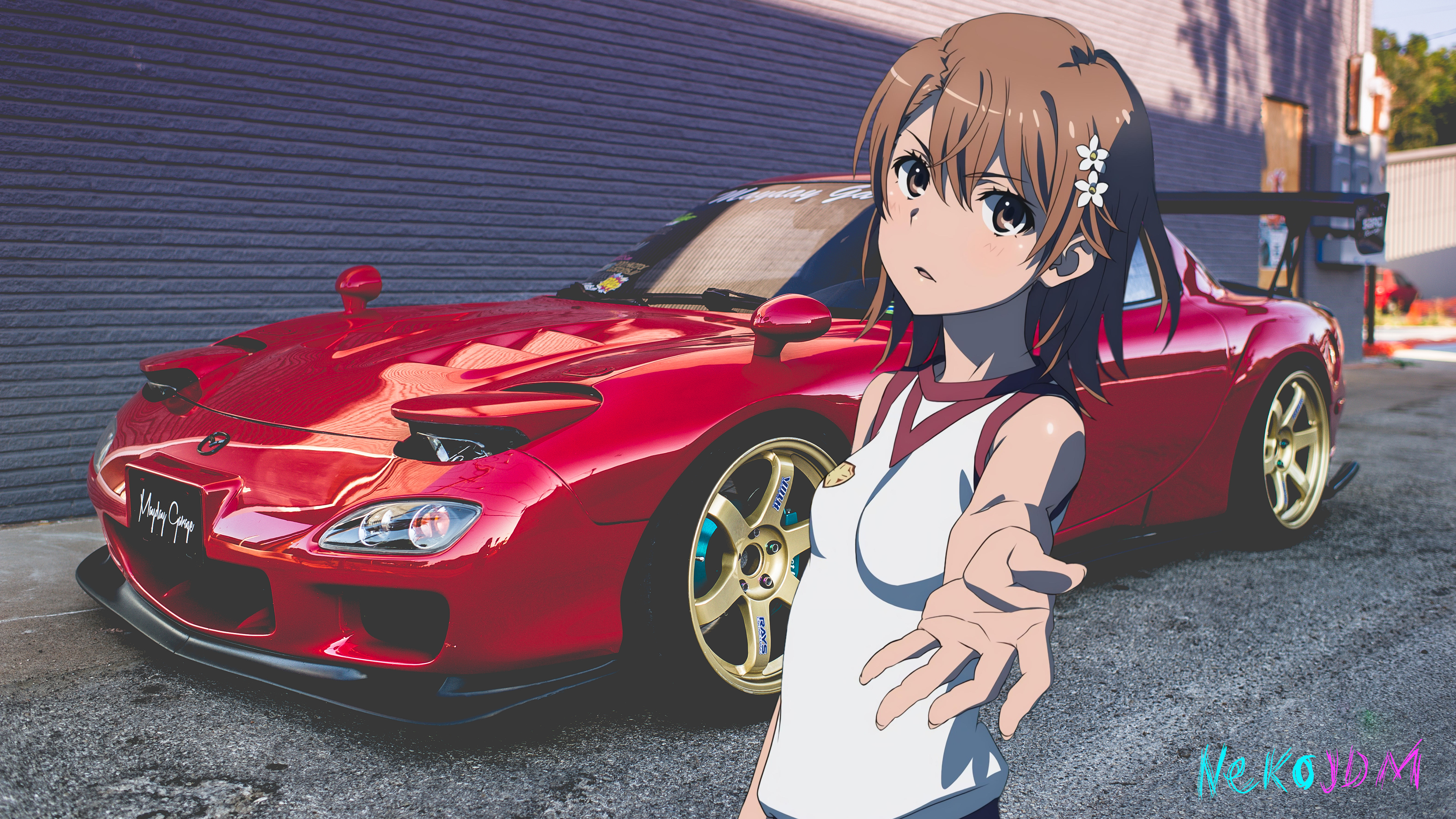 Anime 3840x2160 car Mazda Mazda RX-7 picture-in-picture screen shot anime red cars vehicle brunette pop-up headlights animeirl