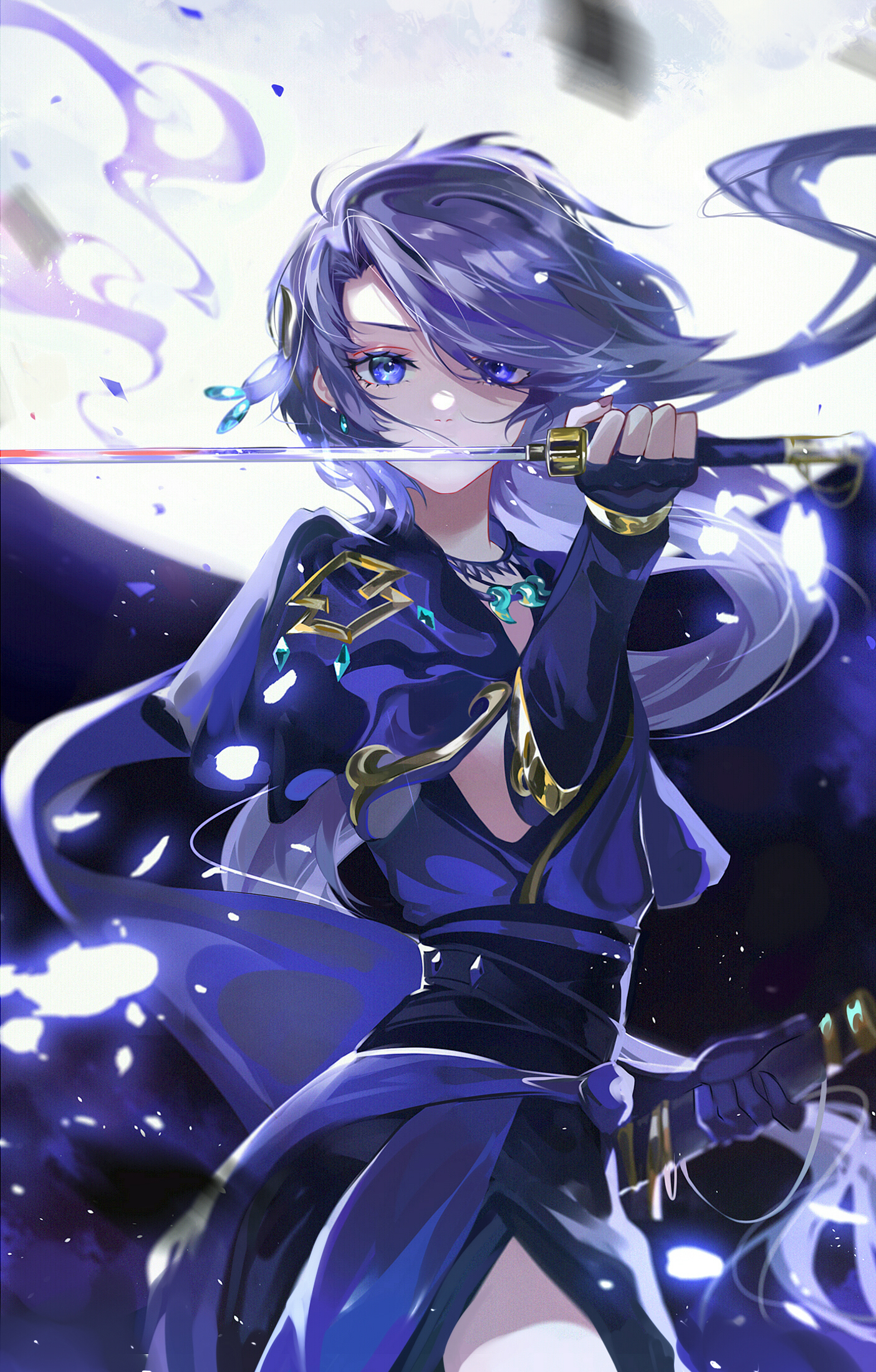 Anime 1405x2200 anime digital art artwork 2D portrait display Vardan purple hair blue eyes sword Moon