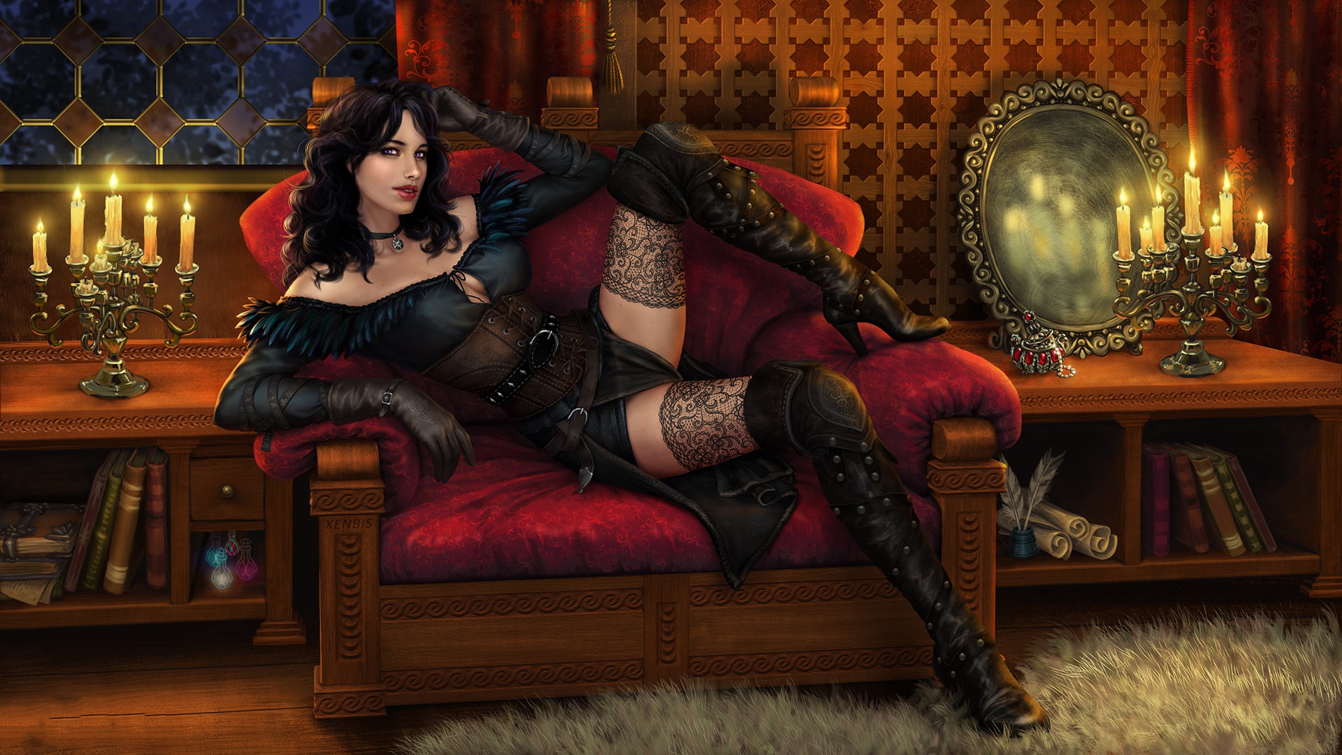 General 1920x1080 Yennefer of Vengerberg video game art women video game girls fan art video game characters digital painting digital art black clothing thigh-highs artwork black high-heels boots Belted Coat belt buckle belt couch candles quills table purple eyes necklace indoors potions scrolls candle holder The Witcher 3: Wild Hunt