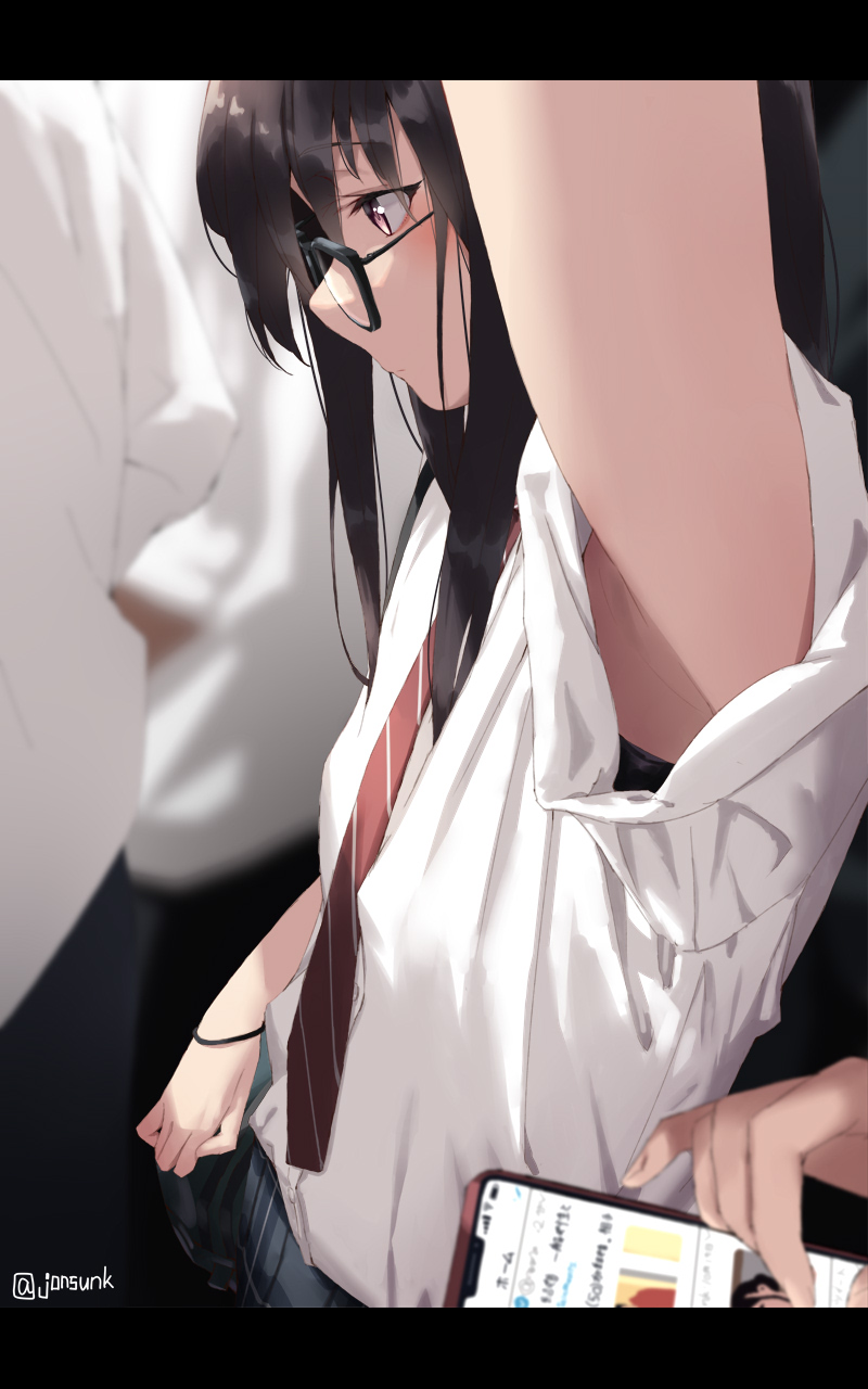Anime 800x1280 original characters anime girls portrait display school uniform dark hair glasses arms up jonsun armpits