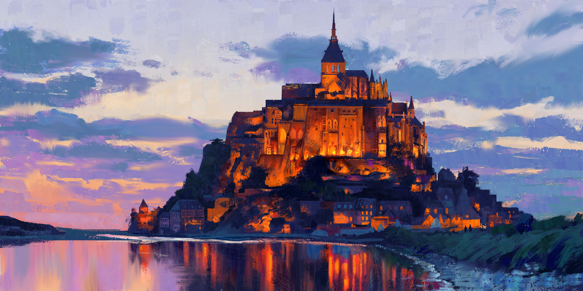 General 1920x960 artwork digital art Mont Saint-Michel Abbey World Heritage Site France monastery lights