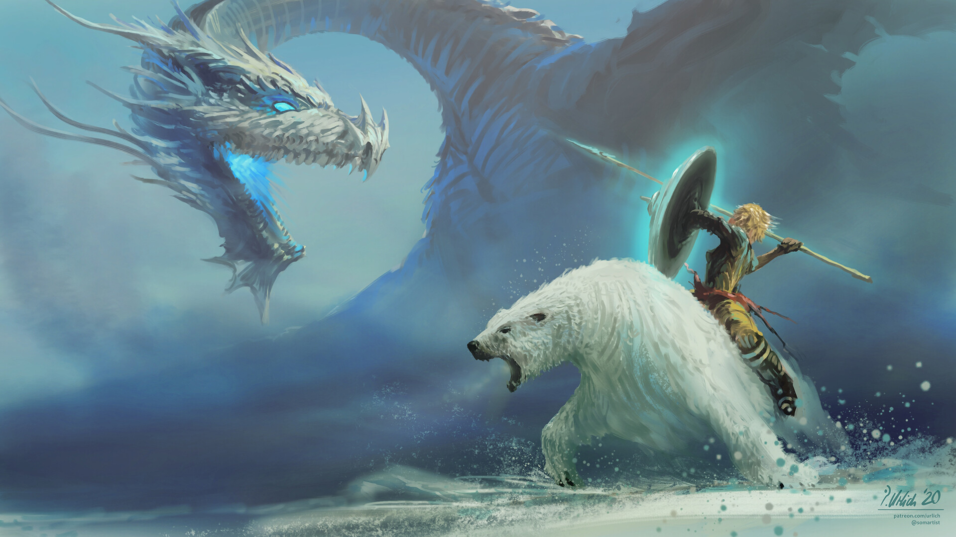 General 1920x1080 fantasy art polar bears dragon female warrior winter Philipp A. Ulrich cyan