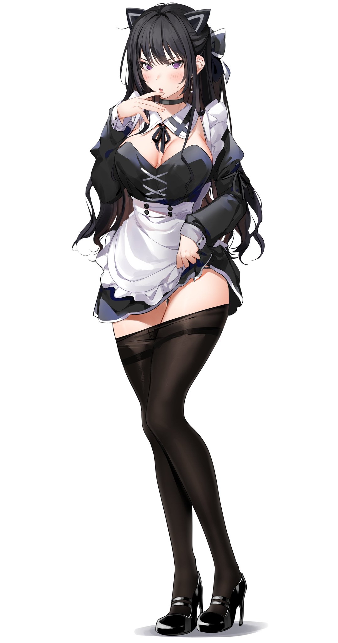 Anime 1078x2048 anime girls Xretakex maid outfit pantyhose lifting skirt cleavage animal ears cat ears dark hair purple eyes