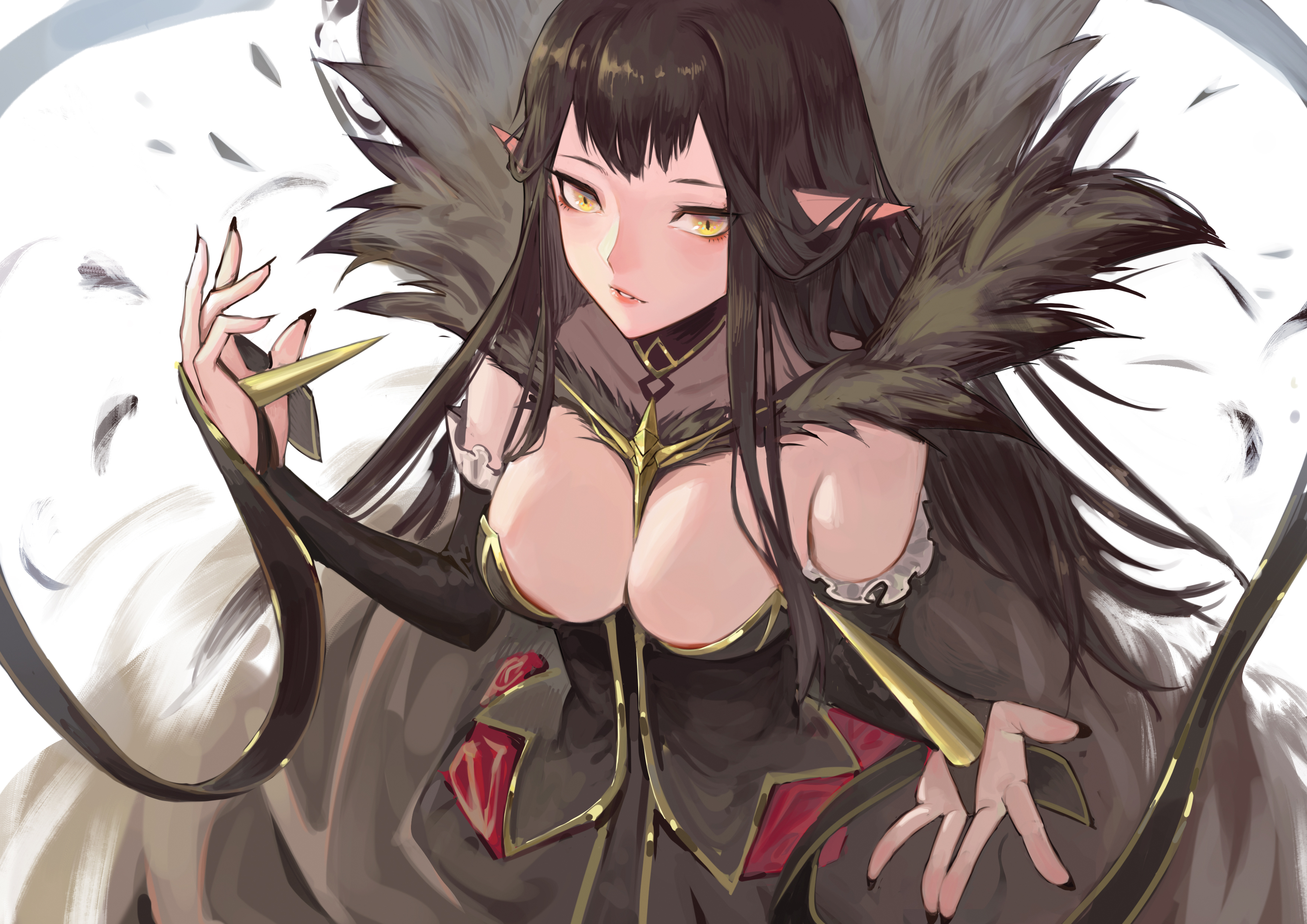 Anime 3508x2480 Fate series Fate/Grand Order Fate/Apocrypha  big boobs black hair long hair looking at viewer no bra cleavage black nails fingernails bare shoulders high angle erotic art  pointy ears black dress arm warmers ecchi parted lips makeup feathers bangs Assassin of Red (Semiramis) (Fate/Apocrypha) 2D anime yellow eyes spikes curvy fan art Krin arms up anime girls