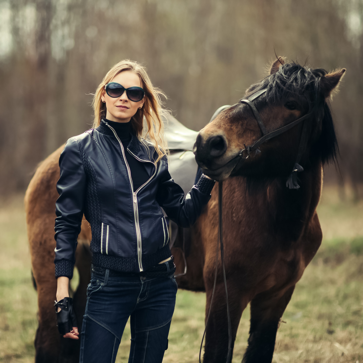 People 1500x1500 Joan Le Jan women blonde long hair sunglasses smiling leather jacket gloves black clothing animals horse outdoors women with horse