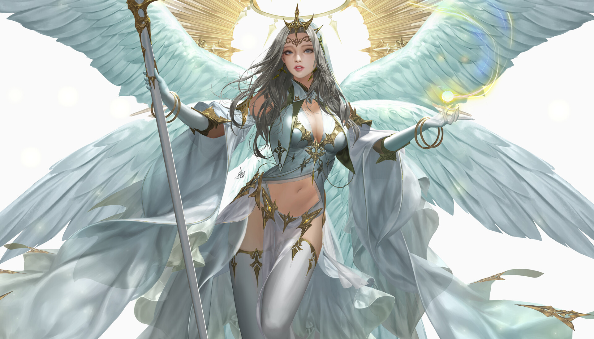 General 1920x1098 Daeho Cha drawing women crown angel dress white clothing see-through clothing feathers spell fantasy art