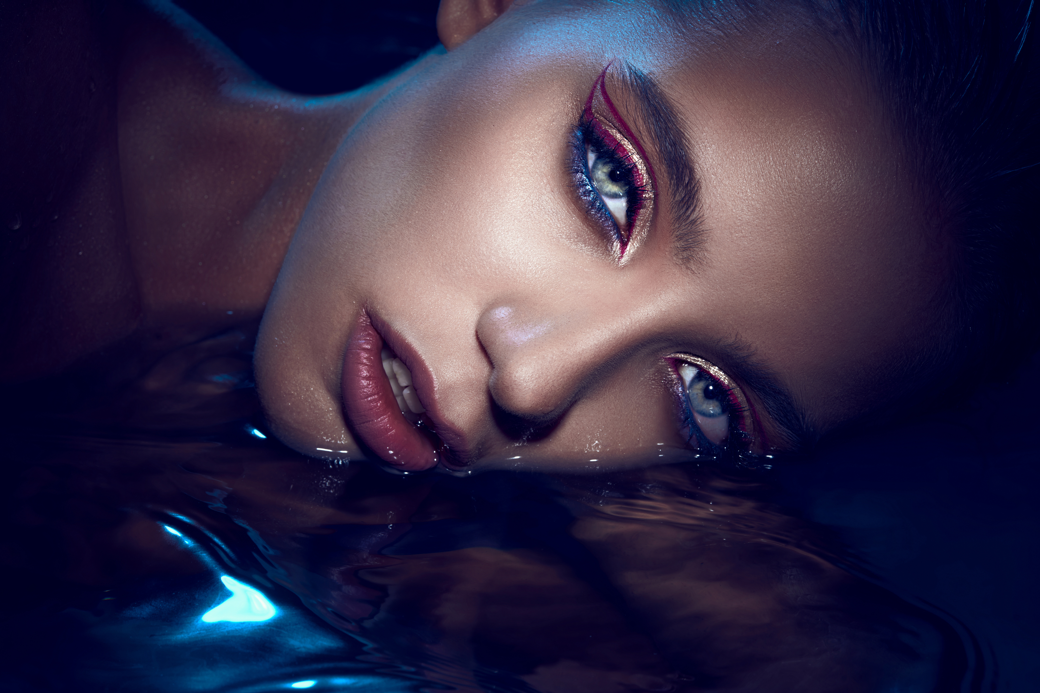 People 3500x2334 Evgenii Kirillov women brunette makeup eyeshadow eyeliner lipstick water wet glamour portrait