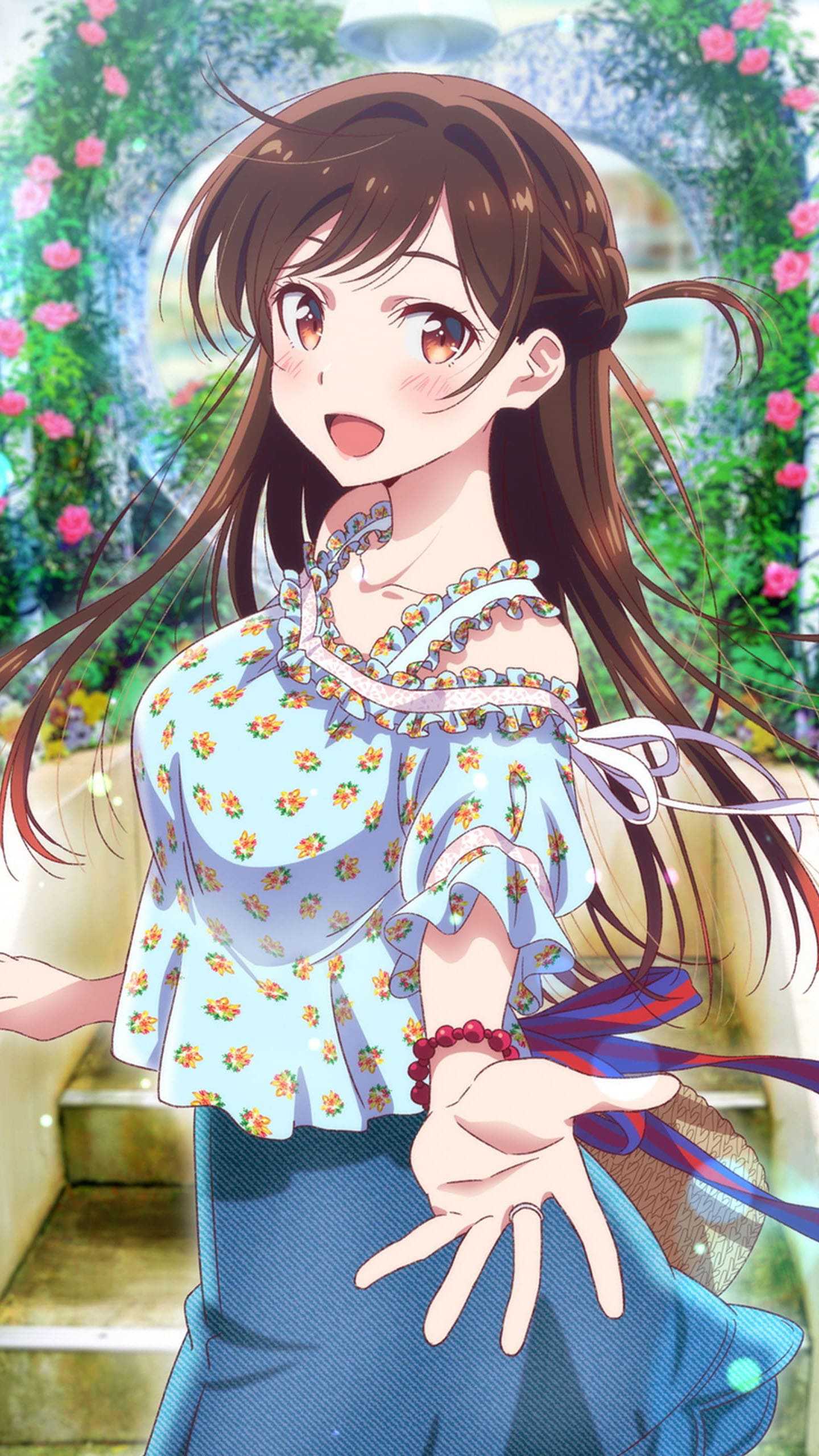 Anime 1440x2560 Kanojo, Okarishimasu (Rent-a-Girlfriend) Chizuru Mizuhara brunette smiling open mouth skirt Flower Shirt bracelets long hair brown eyes blushing anime girls cropped