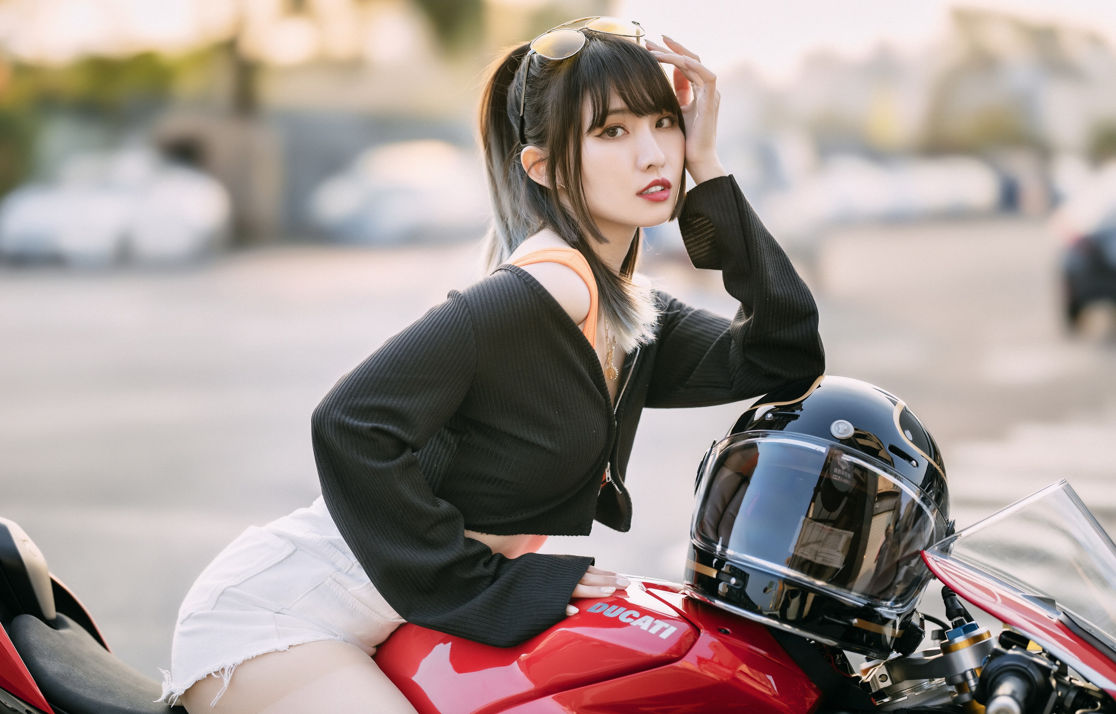 People 3840x2456 Ducati Asian women Red Motorcycles model women outdoors urban dark hair vehicle looking at viewer helmet parted lips red lipstick sunglasses women with shades brunette motorcycle