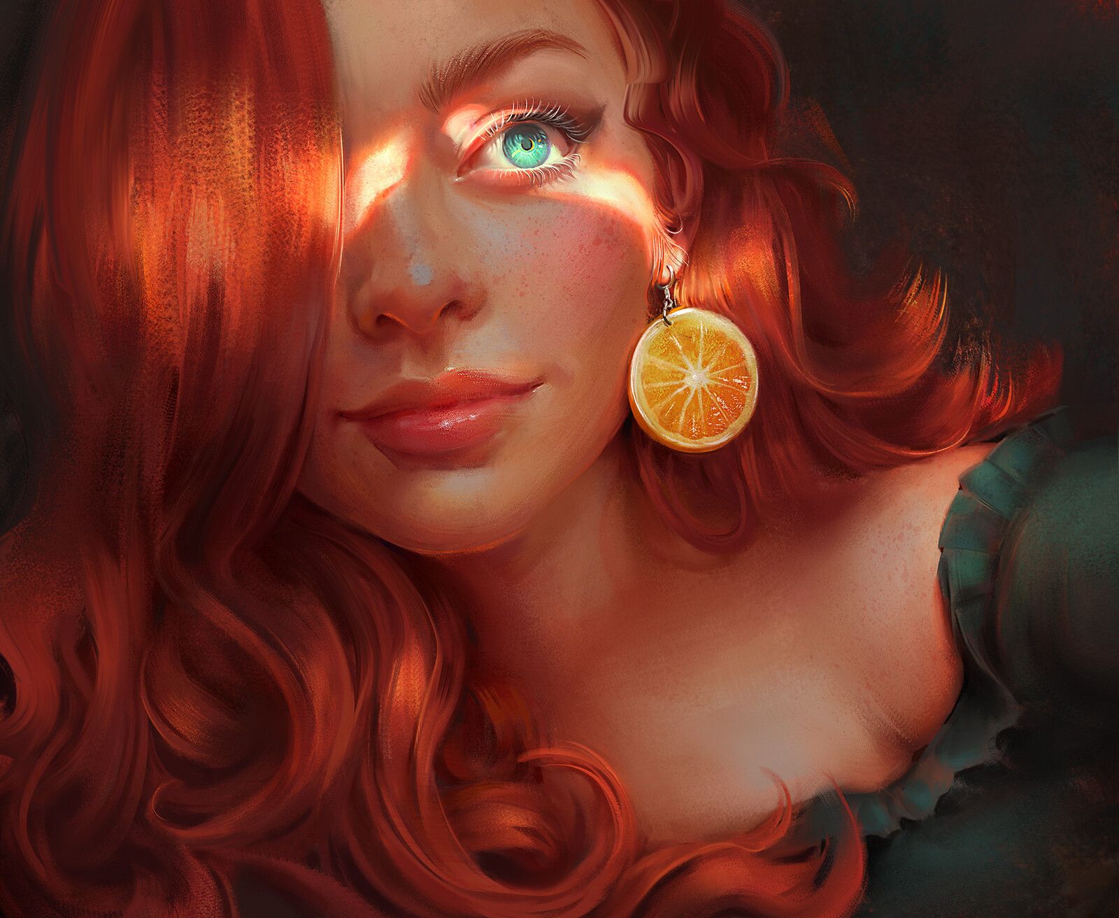General 1600x1312 Mandy Jurgens artwork women face closeup redhead hair over one eye red lipstick ArtStation