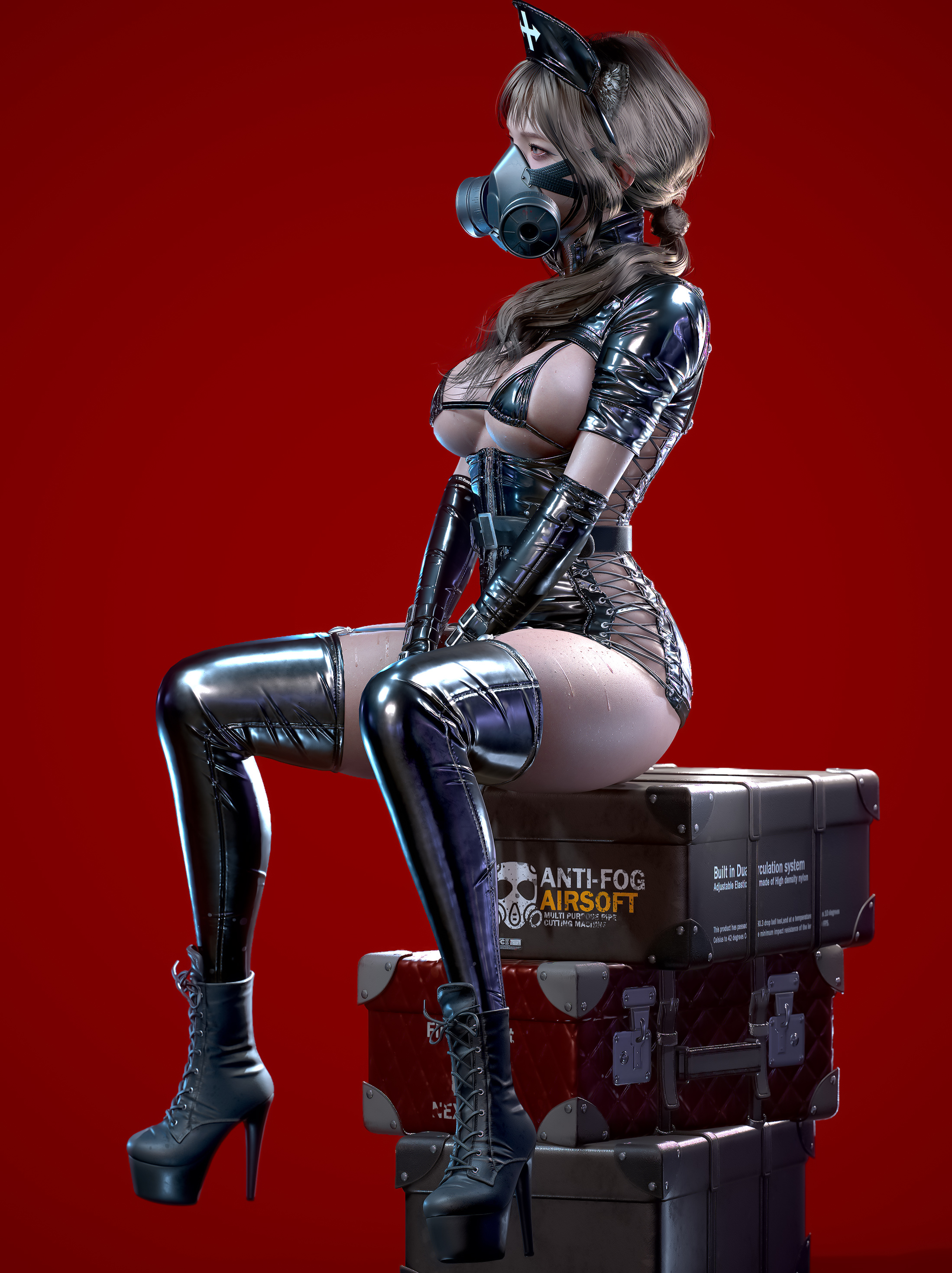 General 2198x2940 Nyl CGI women brunette gas masks mask latex skimpy clothes thigh high boots chests red background wet