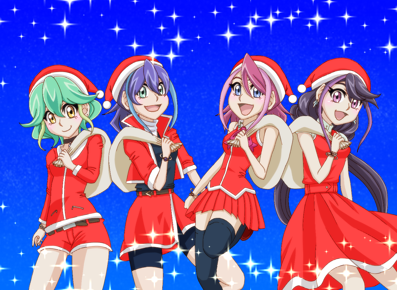 Anime 1385x1010 Christmas artwork digital art anime girls anime Yu-Gi-Oh! Yu-Gi-Oh! ARC-V pink hair purple hair green hair blue hair Hiiragi Yuzu Kurosaki Ruri Rin (Yu-Gi-Oh) Serena (Yu-Gi-Oh)