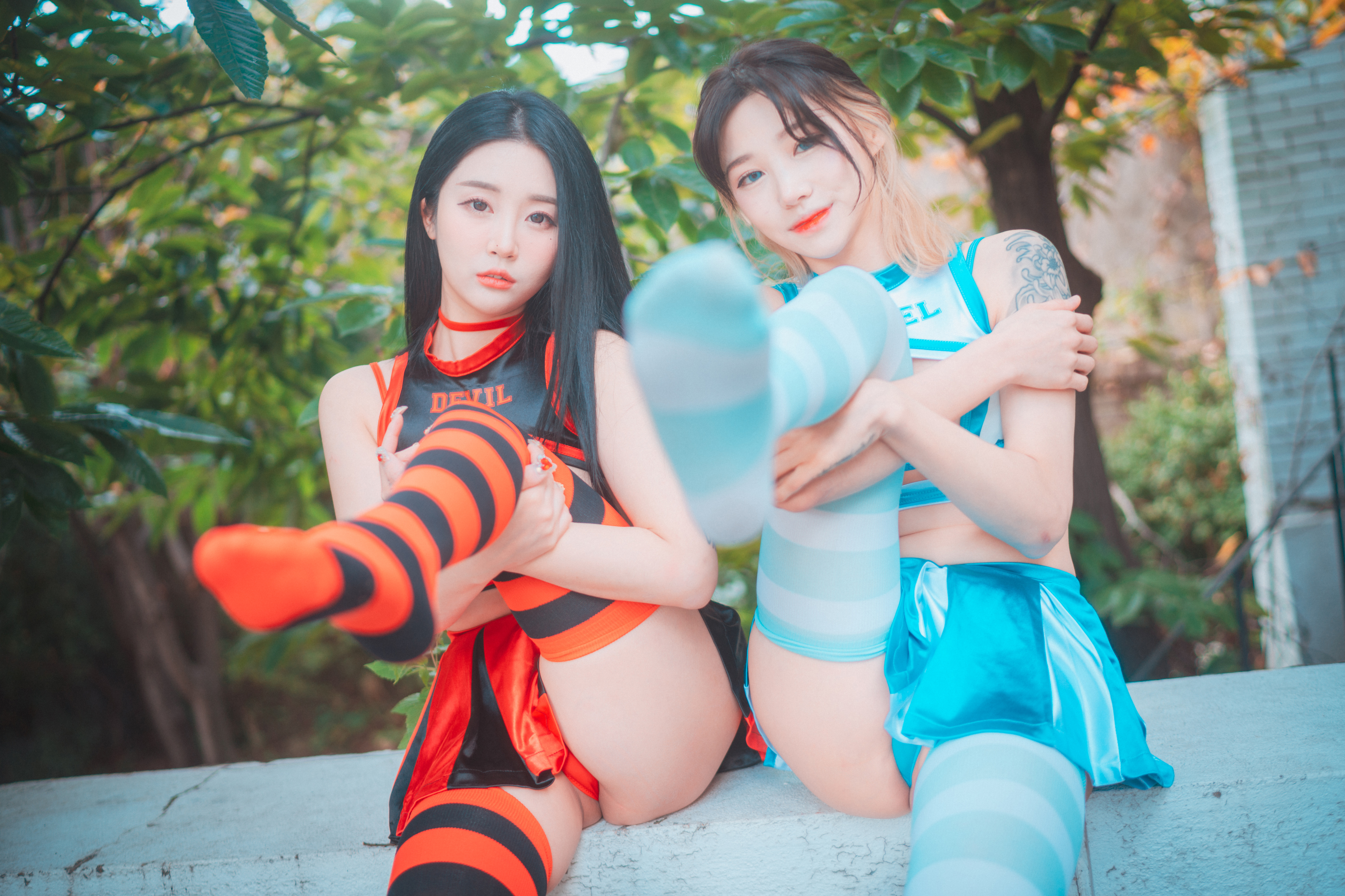 People 3840x2560 Jeong Bomi Tae Ri DJAWA women model Asian two women cosplay cheerleaders thigh high socks underwear panties indoors women indoors