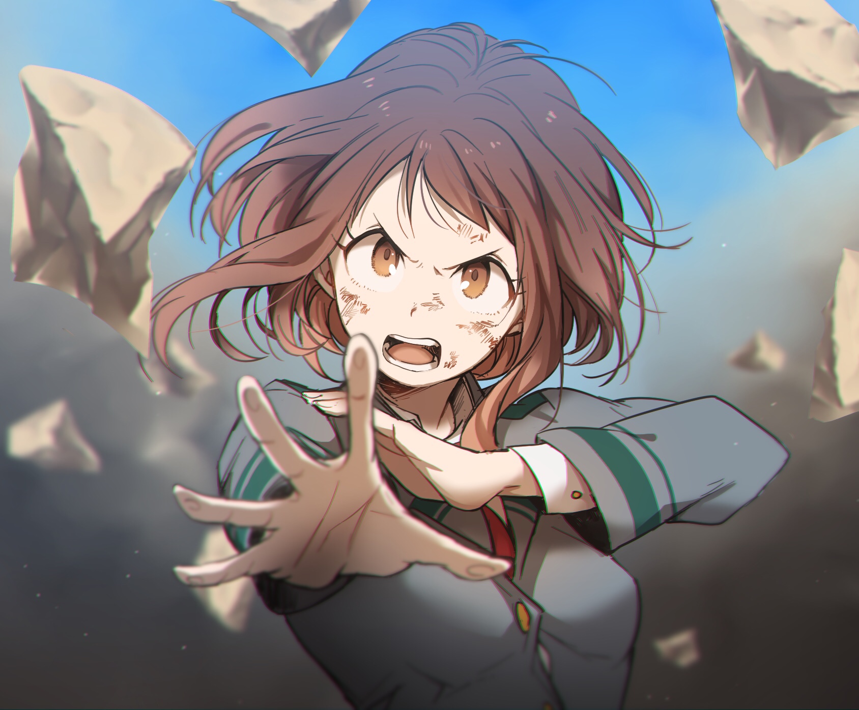 Anime 1688x1396 Uraraka Ochako bruise hand gesture short hair rocks Boku no Hero Academia anime girls Blazer