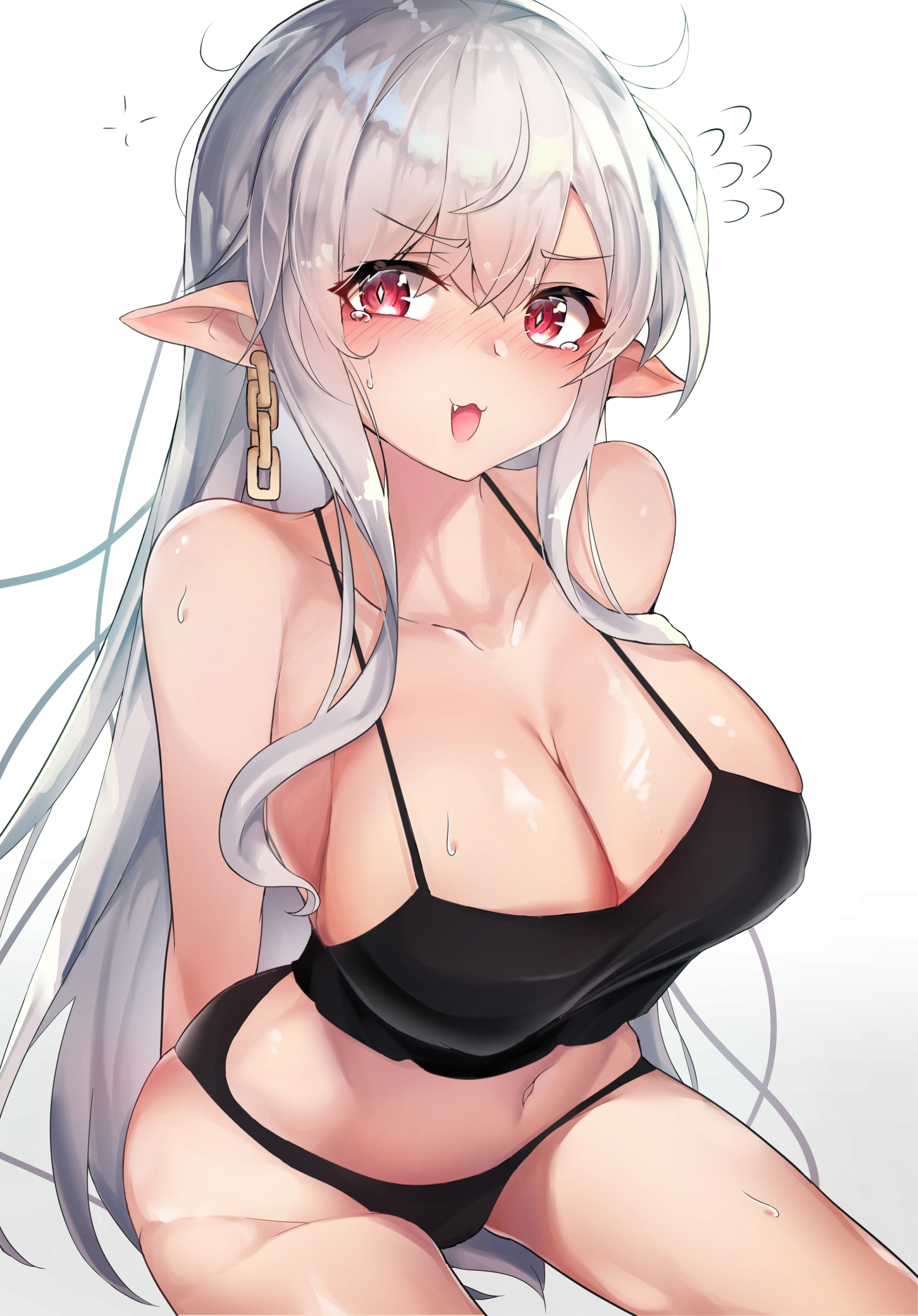 Anime 2133x3057 white background bangs black panties blushing boobs chains collarbone ear piercing big boobs long hair looking at viewer belly button open mouth panties piercing pointy ears red eyes shiny silver hair simple background sitting smiling solo sweat tank top tears underwear cleavage anime girls Meow Nyang