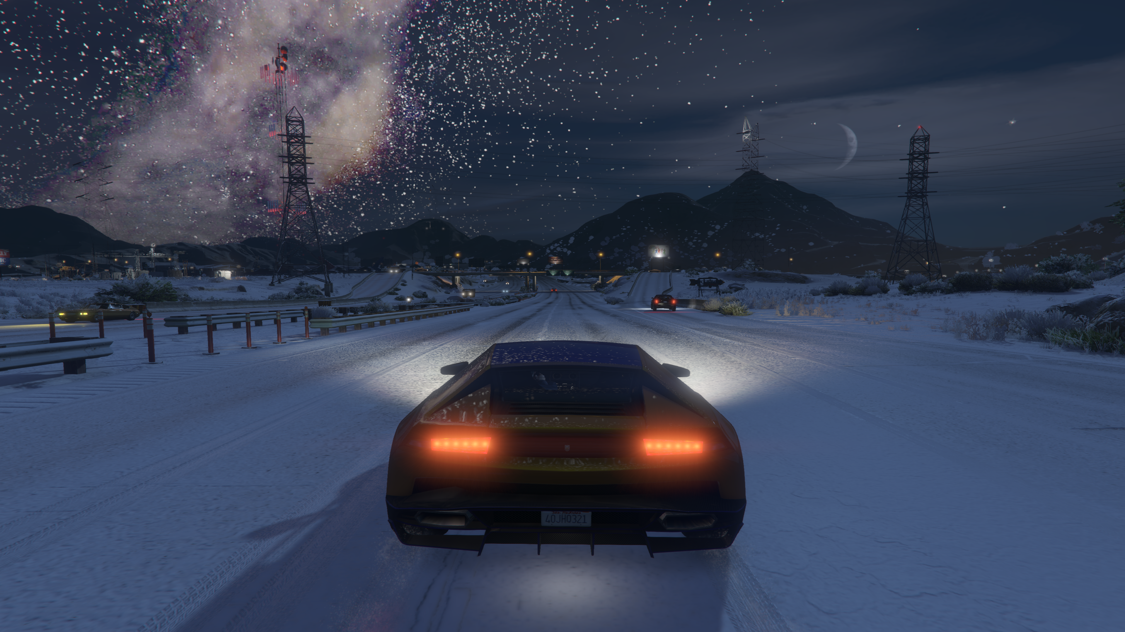 General 3840x2160 Grand Theft Auto V snow Lamborghini Milky Way highway night sky space rear view video games Rockstar Games