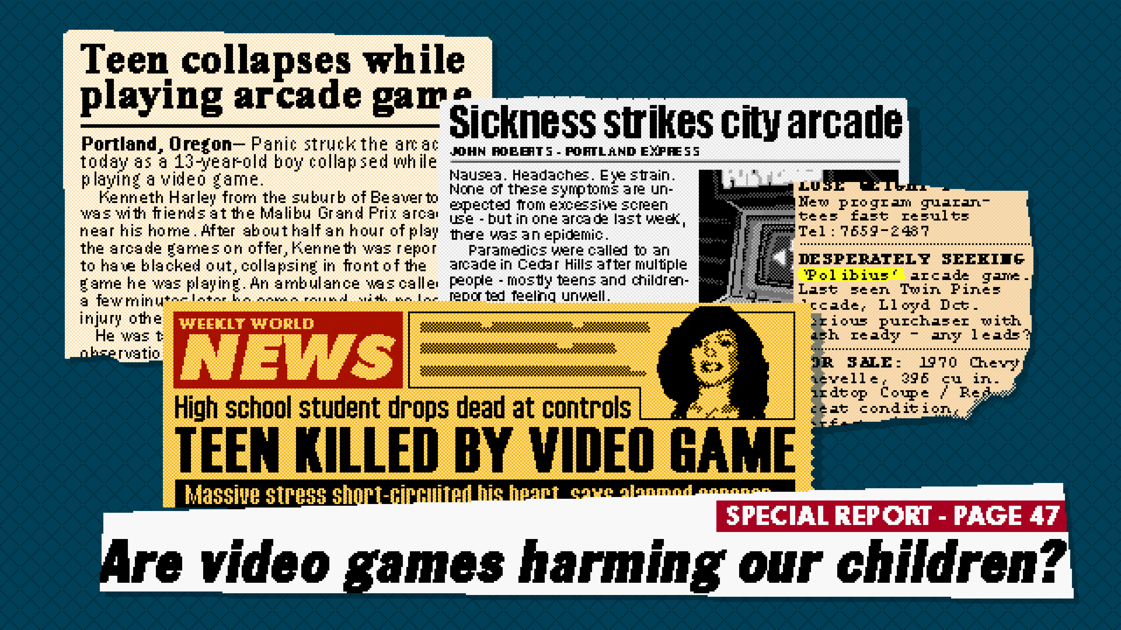 General 3840x2160 polybius artwork video games pixel art fake news newspapers title