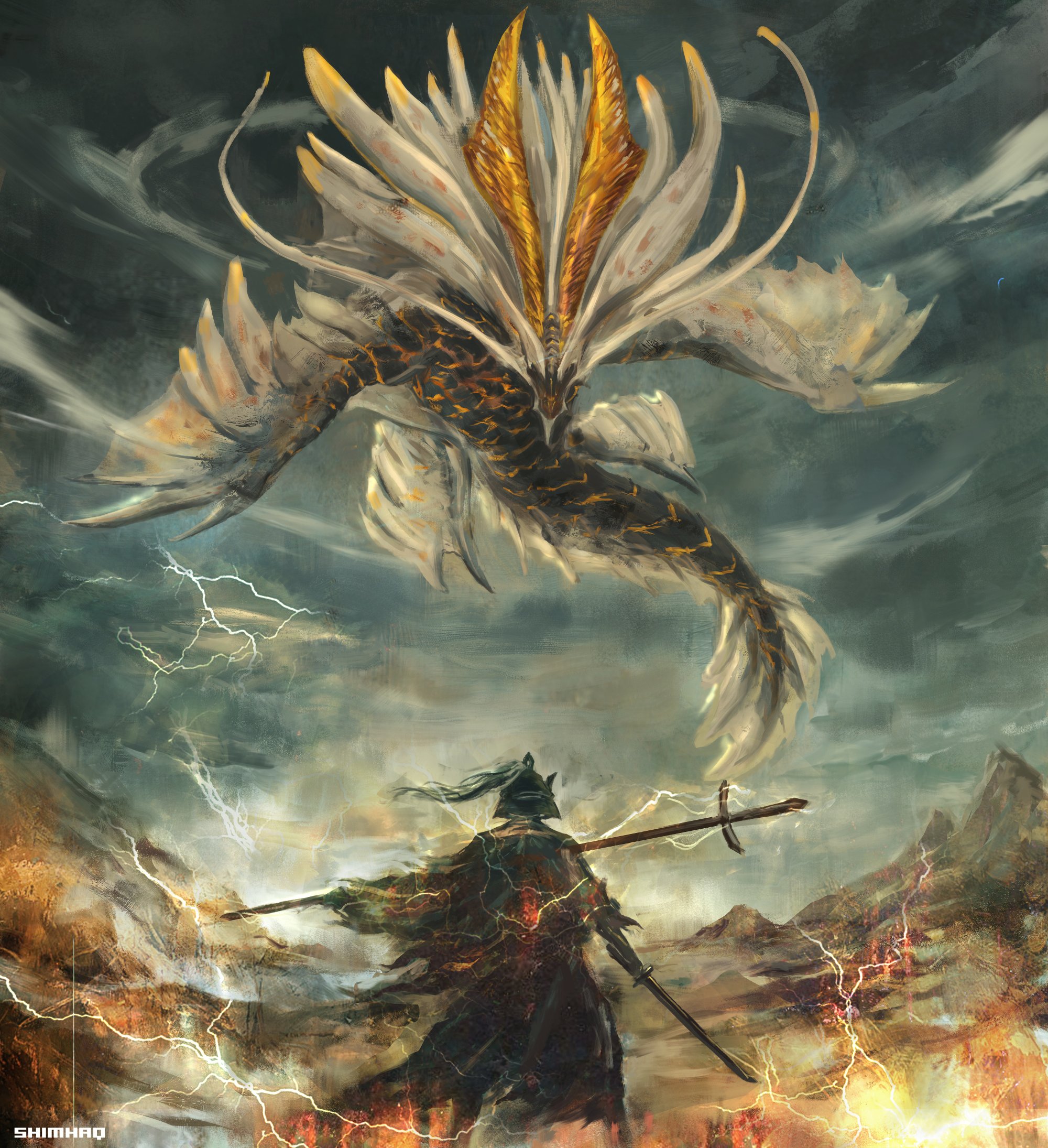 General 2000x2190 fantasy art artwork creature samurai warrior fire sword dragon Monster Hunter amatsu