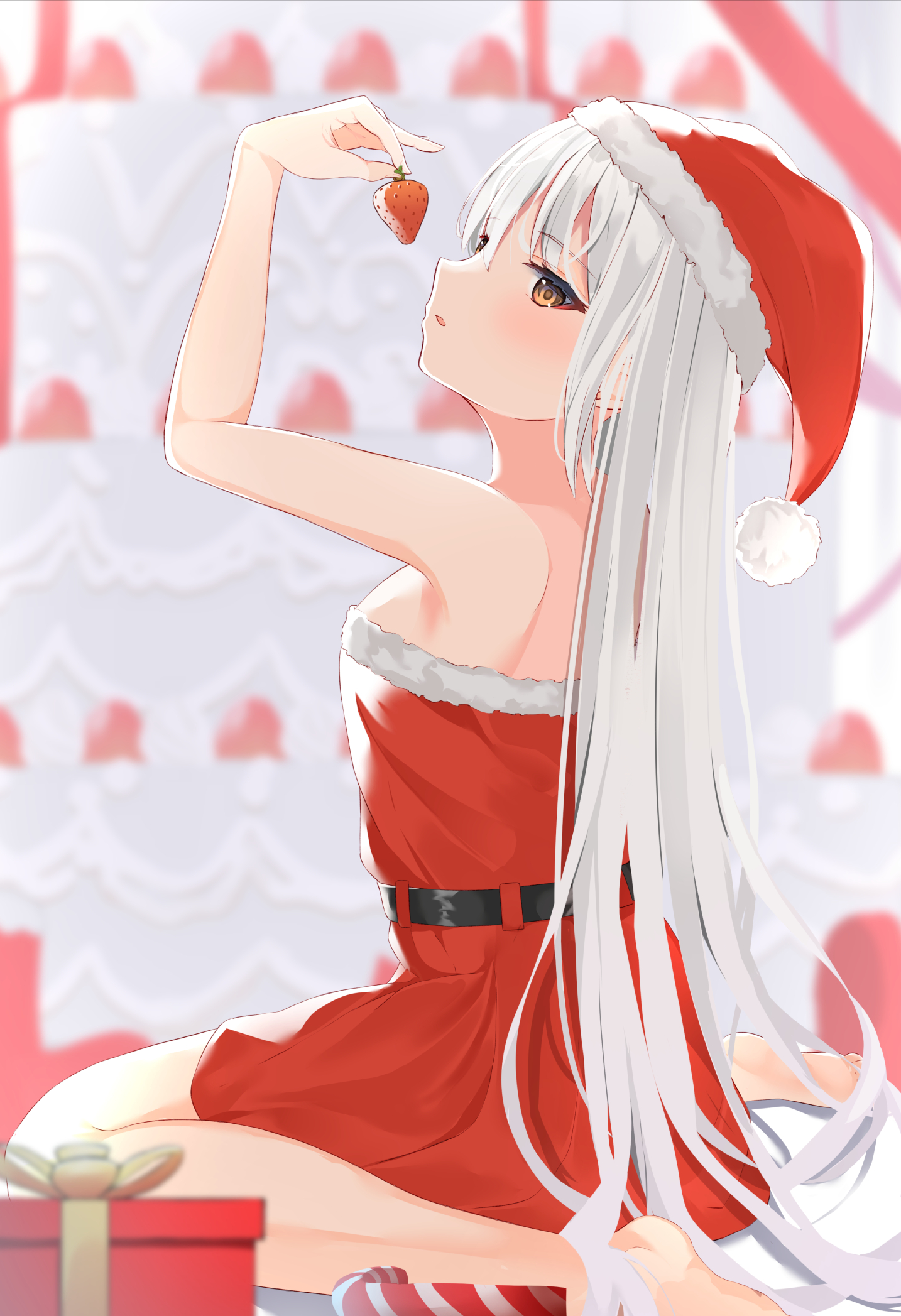 Anime 1434x2095 anime anime girls digital art artwork 2D portrait display Hikashou Christmas Santa girl bare shoulders barefoot kneeling Santa hats white hair brown eyes