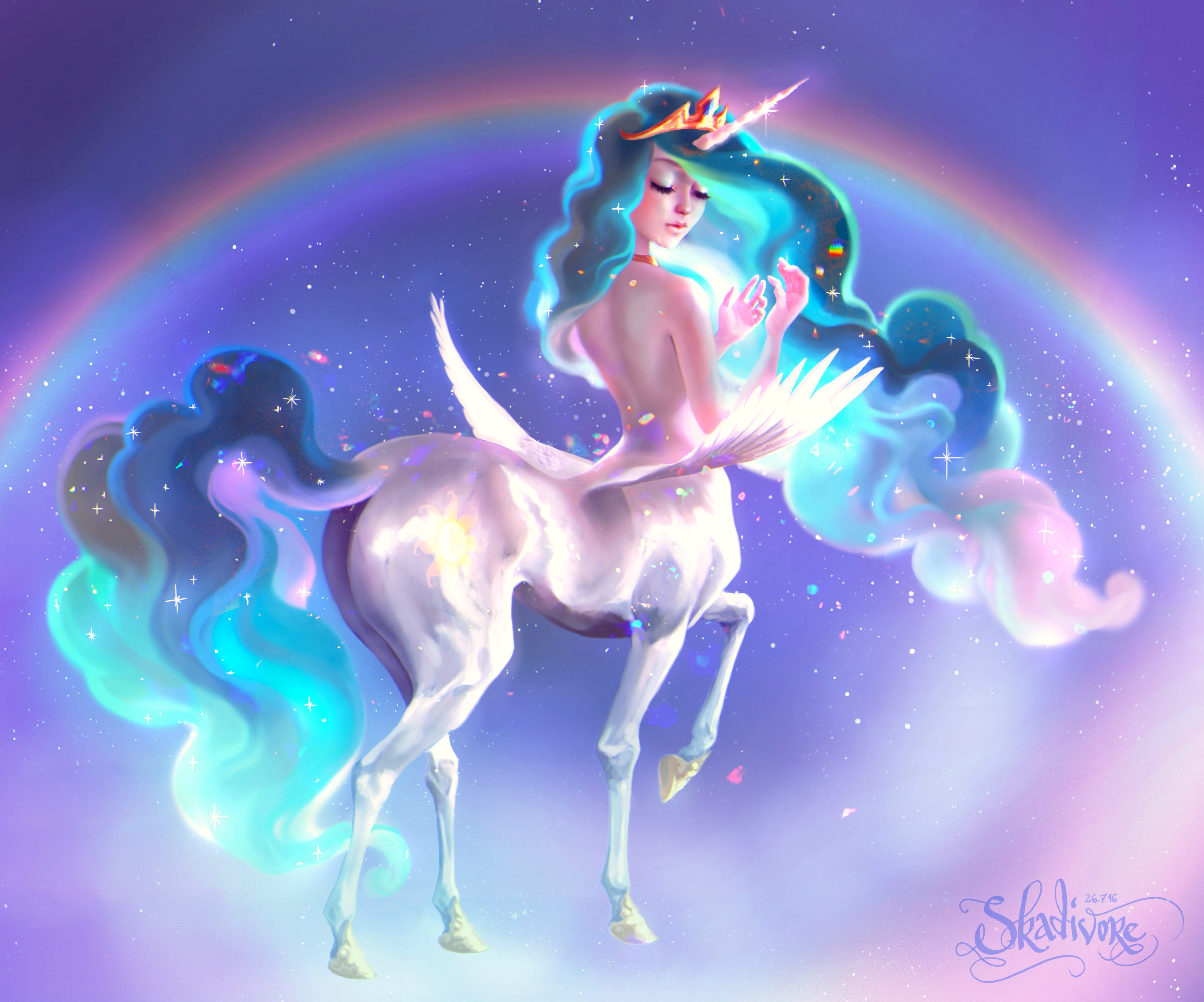 General 3183x2651 Pauline Voß horse rainbows unicorn fantasy art long hair digital art digital painting women artwork fan art My Little Pony ArtStation Princess Celestia