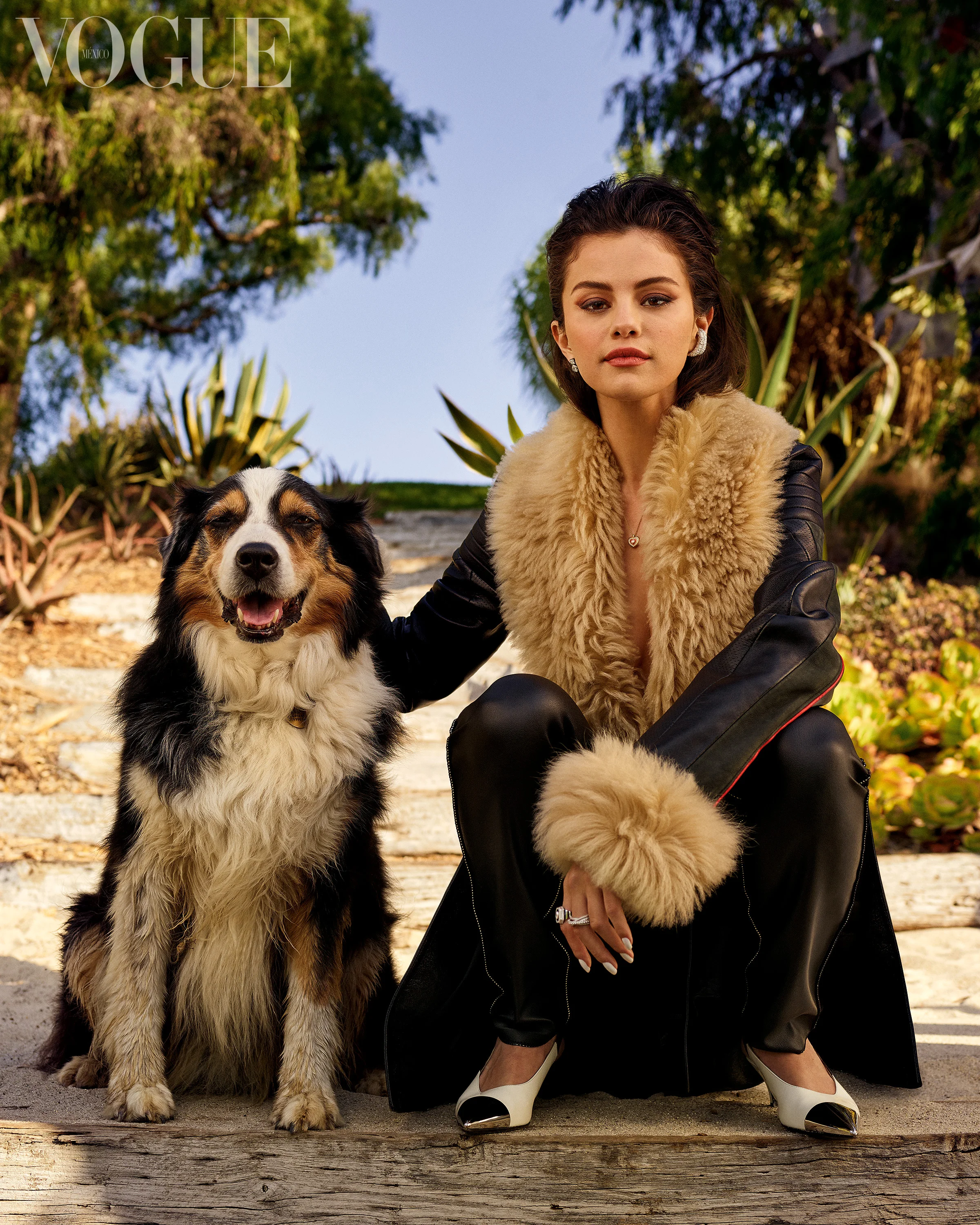 People 2400x3000 Selena Gomez celebrity actress singer women fur dark hair brunette Latinas dog women with dogs sitting Vogue Mexico frontal view American women painted nails looking at viewer women outdoors animals