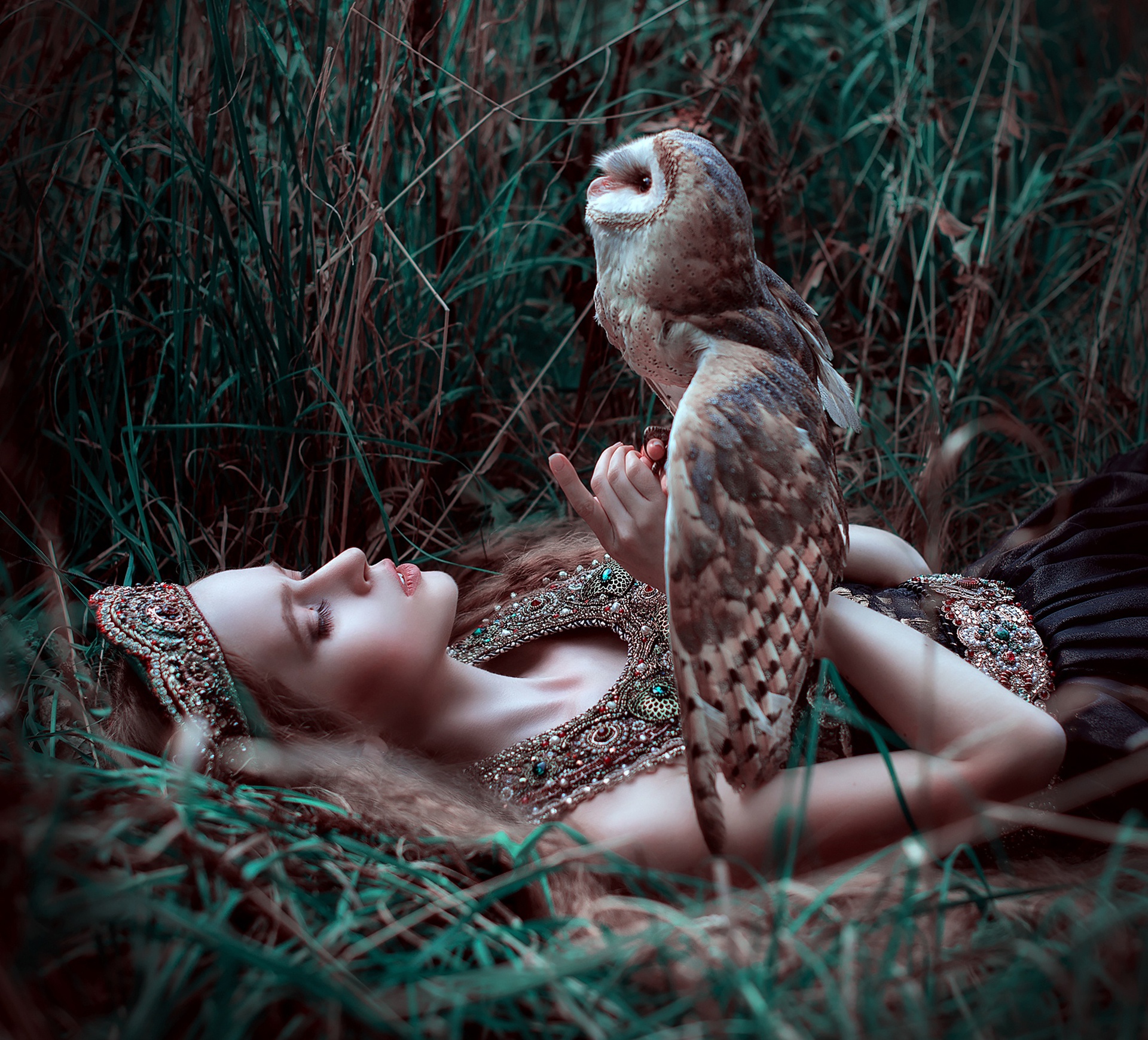 People 1920x1740 women model birds fantasy girl owl makeup grass plants women outdoors lying on back