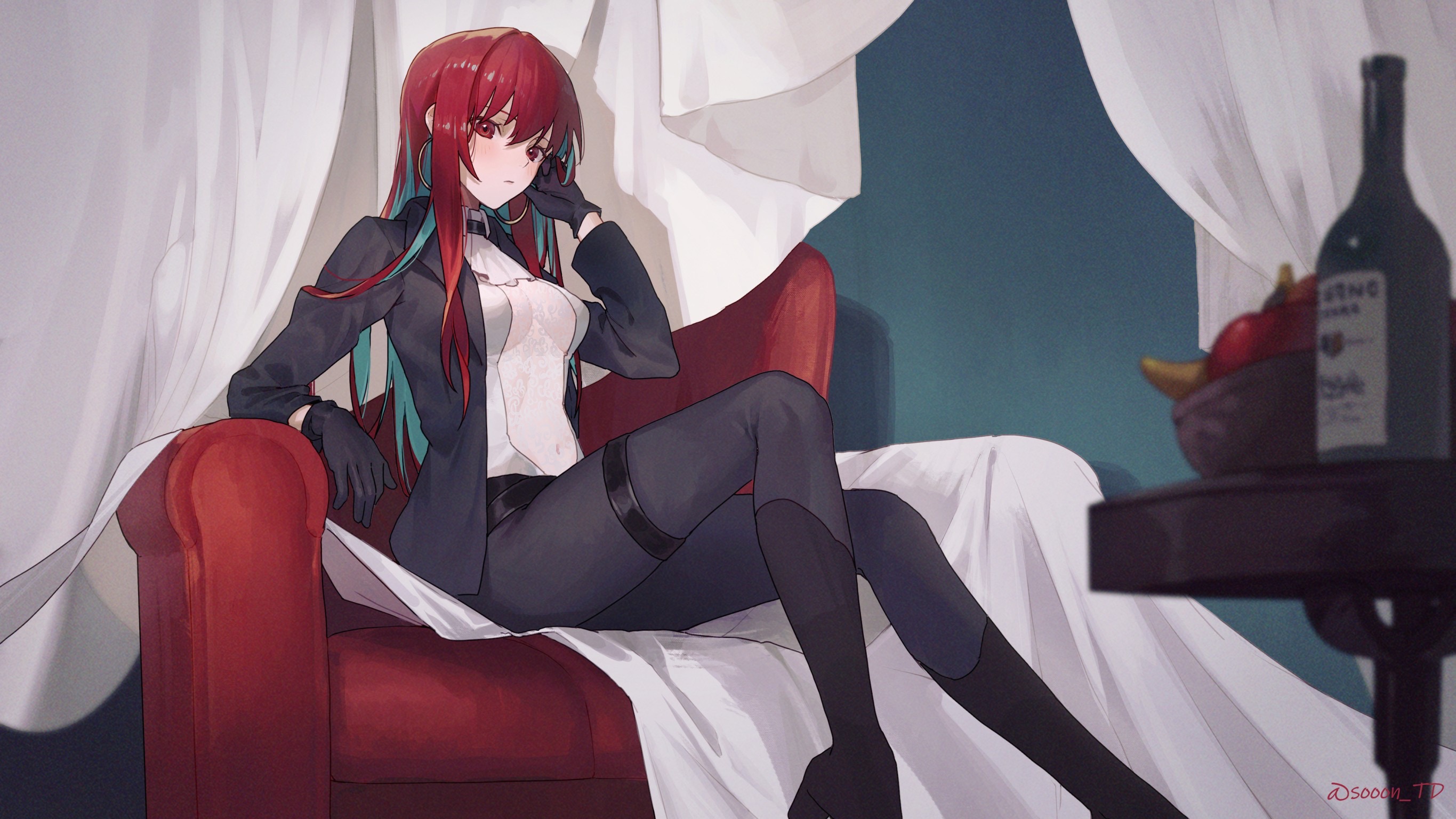 Anime 2731x1536 anime anime girls multi-colored hair redhead wine couch