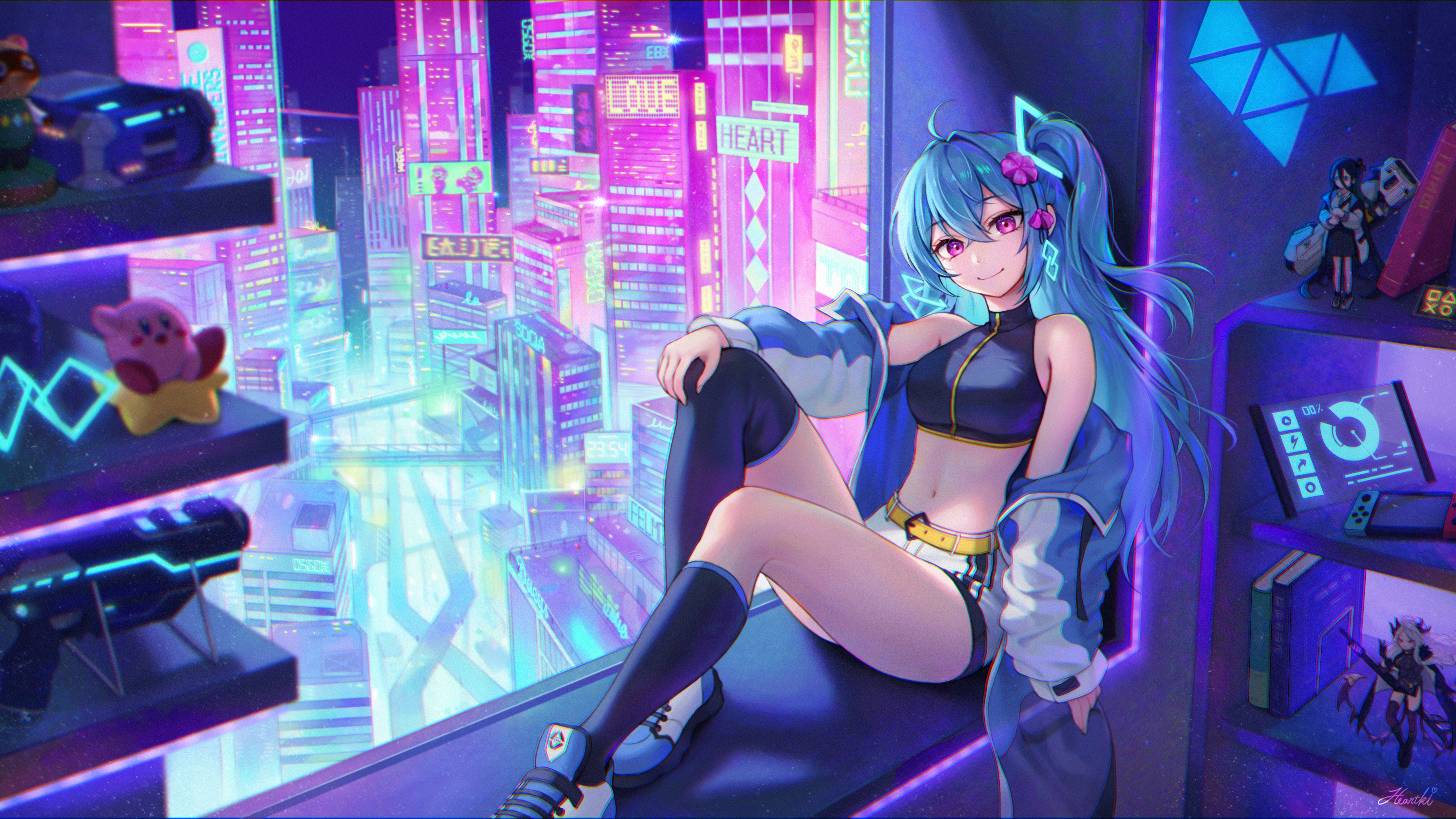 Anime 2908x1636 anime anime girls blue hair shorts city cyberpunk purple eyes cityscape