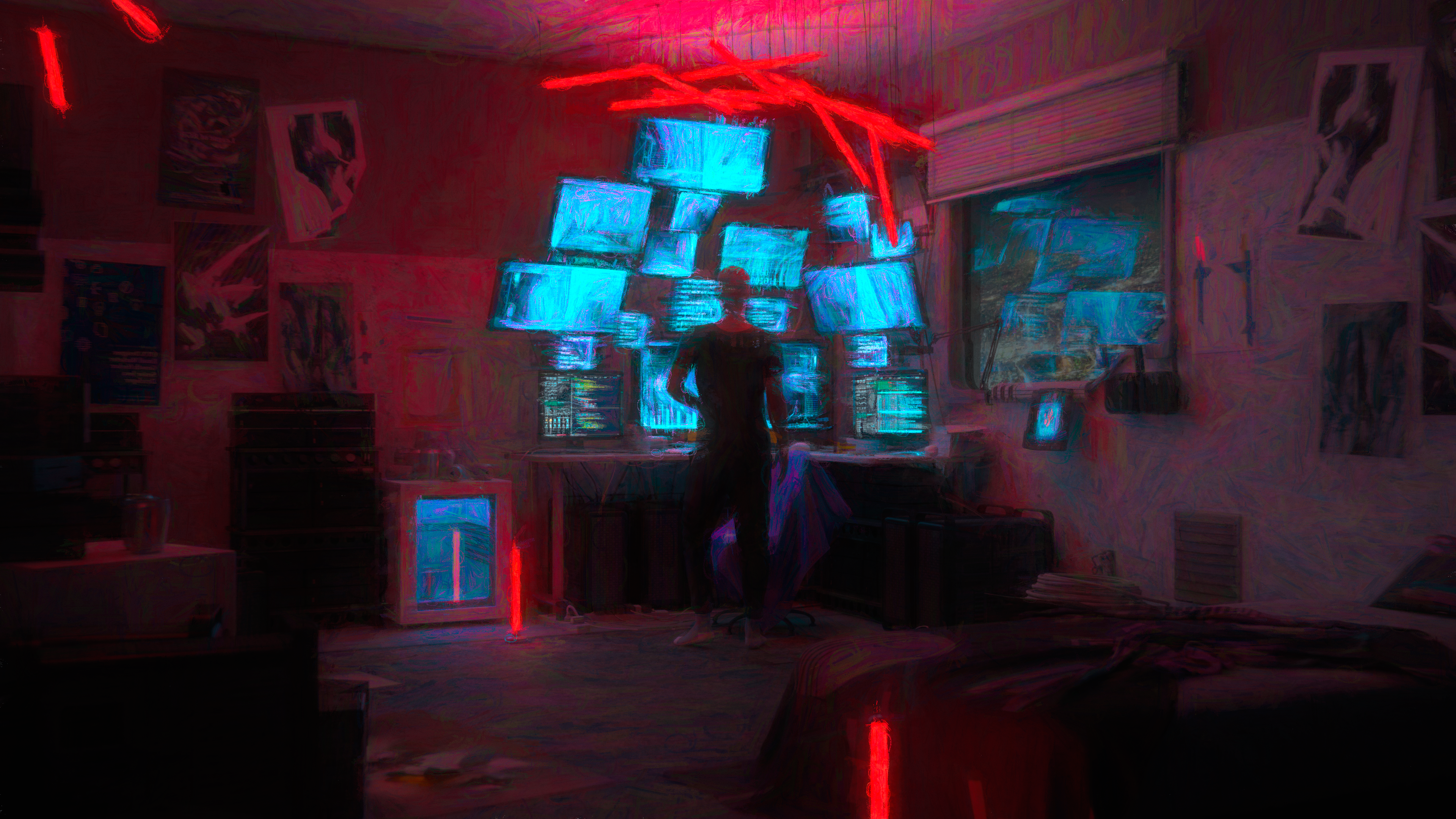 General 3840x2160 3D CGI digital art shaders oil painting artwork hacking neon neon lights screens